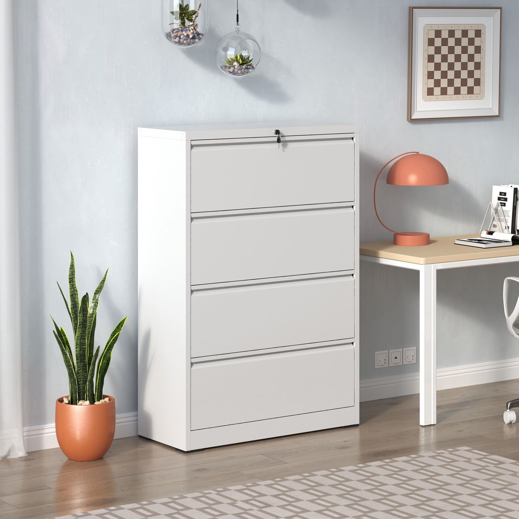 4 Drawer Lateral File Cabinet, Heavy Duty Metal Filing Cabinet, 35.4 Inch Wide Locking File Cabinet For Home Office, Space-Saving Vertical Storage With Anti-Tip Interlock, For Letter Legal A4 Files
