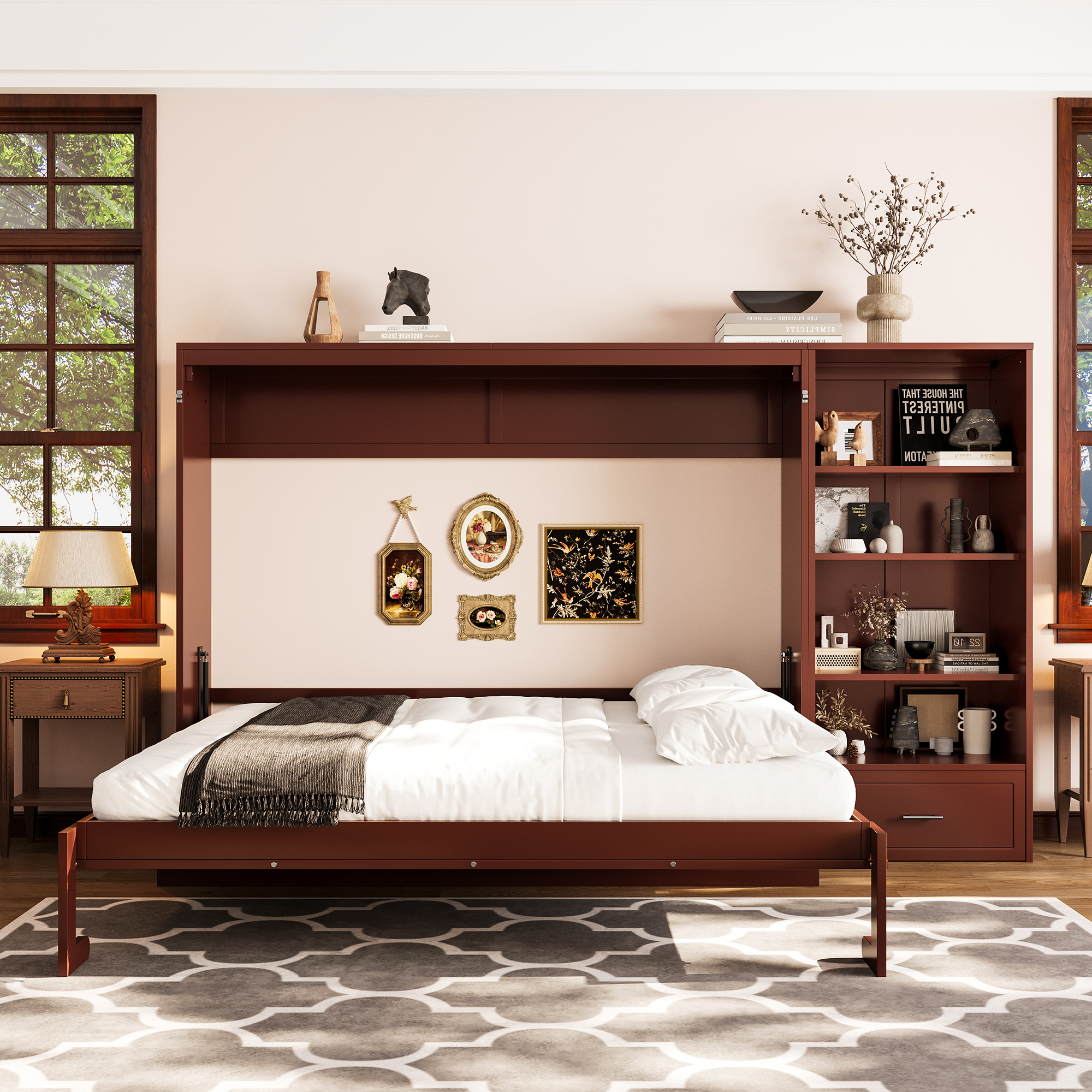 Queen Size Murphy Bed With Height Adjustable Storage Compartments And Shelf, Wall Bed Frame With 1 Drawer, Multifunctional Foldable Platform Bed For Bedroom,Guest Room, Walnut OLD SKU N733S309223D