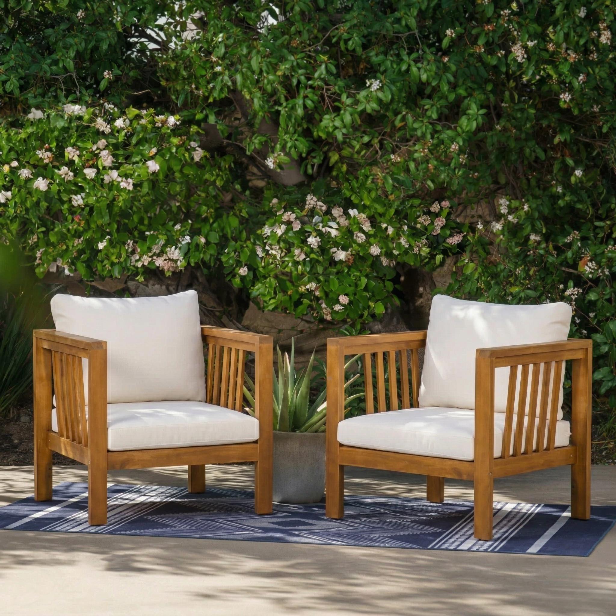 Set Of 2 Outdoor Acacia Wood Club Chairs With Modern Square Arms, 2-Piece Patio Conversation Set With Thick Cushions, Adjustable Leveling Feet For Poolside, Deck, Beige Cushions