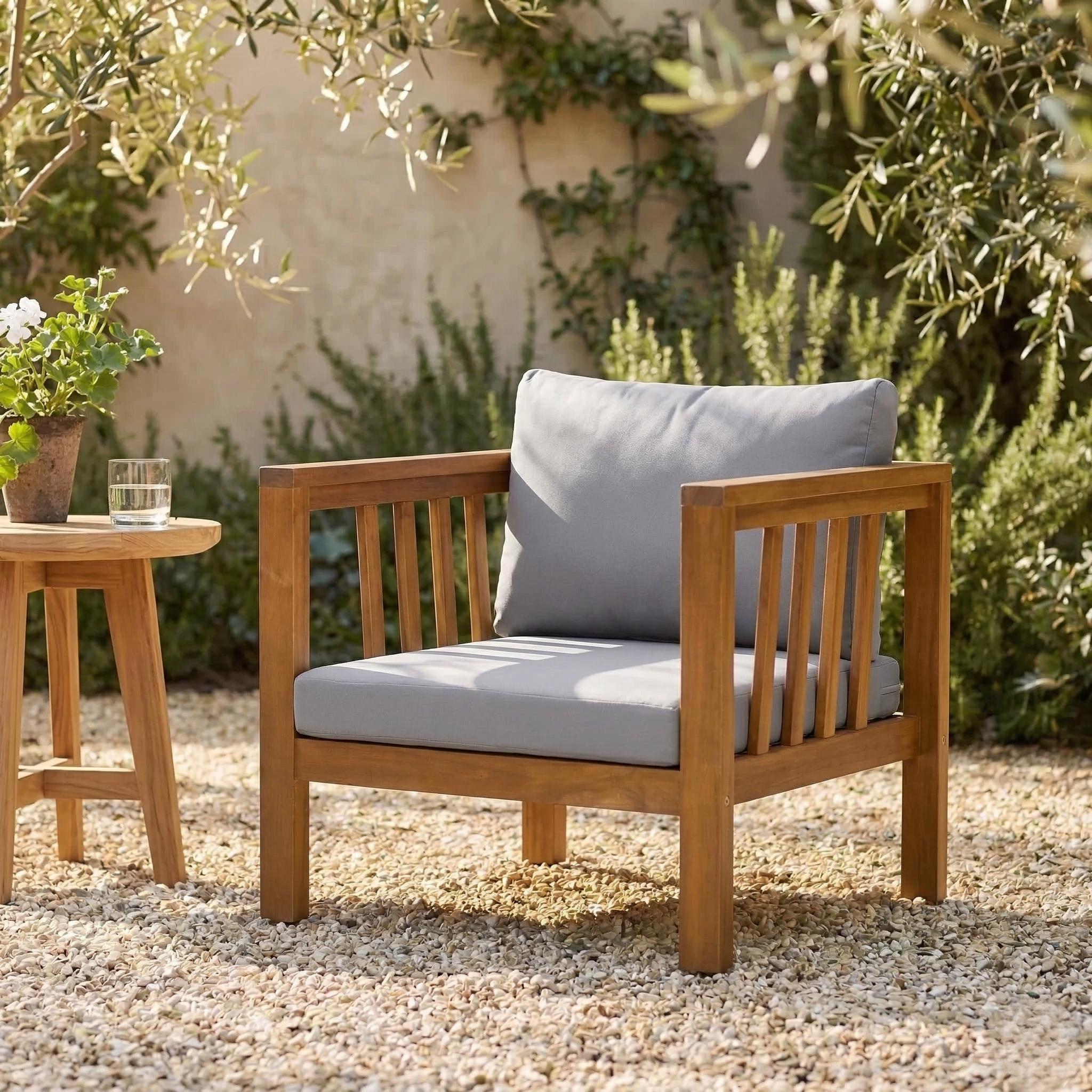 Outdoor Acacia Wood Club Chair With Modern Square Arms, Patio Chair With Thick Cushion, Adjustable Leveling Feet For Poolside, Deck, Grey Cushion