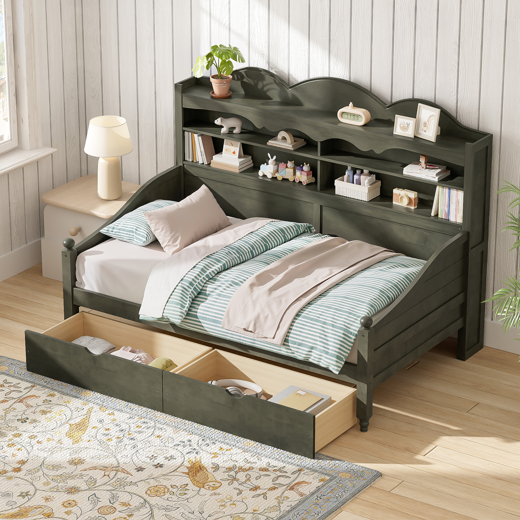 Twin Daybed With Storage Drawers, Wooden Twin Day Bed With Storage Headboard Shelving, Retro Style Daybed For Bedroom,Living Room,Guest Room,No Box Spring Needed, Easy Assembly, Antique Grey