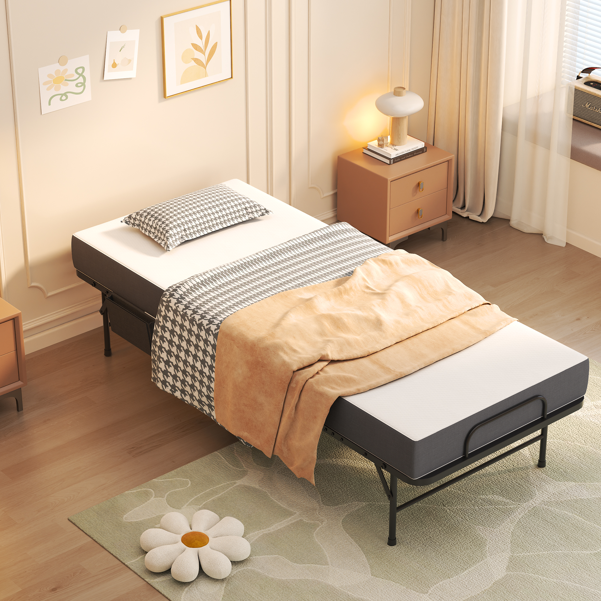 75 Inch Folding Bed With 5 Memory Foam Mattress, Space Saving Rollaway Guest Bed, Heavy-Duty Metal Frame On Wheels, Portable Twin Bed For Adults & Guests