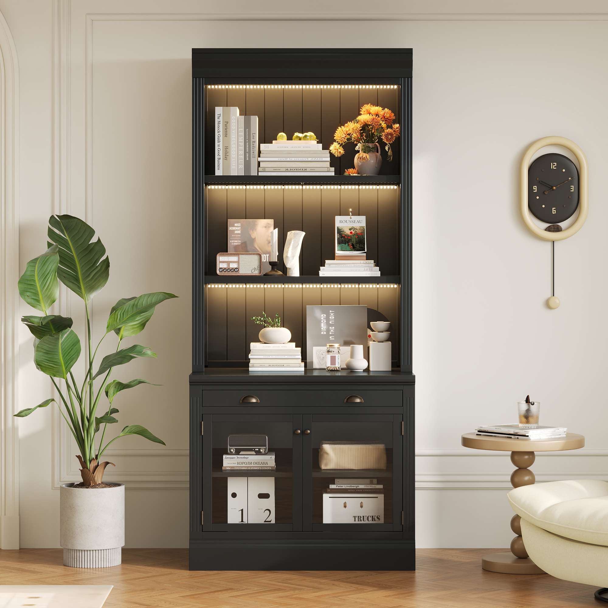 83.4Tall Bookshelf With 3 Pieces LED Lighting, Modern Bookcase With 2 Glass Doors And 1 Drawer,Storage Bookcase With Open Shelves For Living Room,Home Office,Black