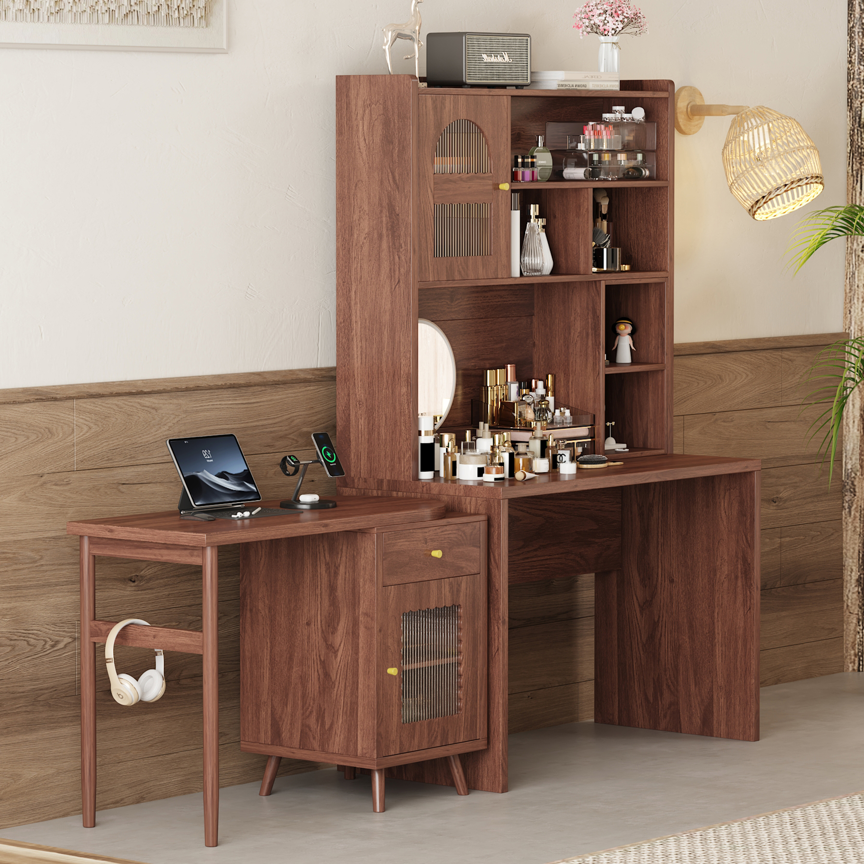 Computer Desk With 90 Degree Rotating Desktop, 43x70 Inch Office Desk With Storage Drawer And Cabinets, Gaming Desk With Shelves, Writing Desk For Study, Work Desk For Home  Old SKU N733P279101D view 2