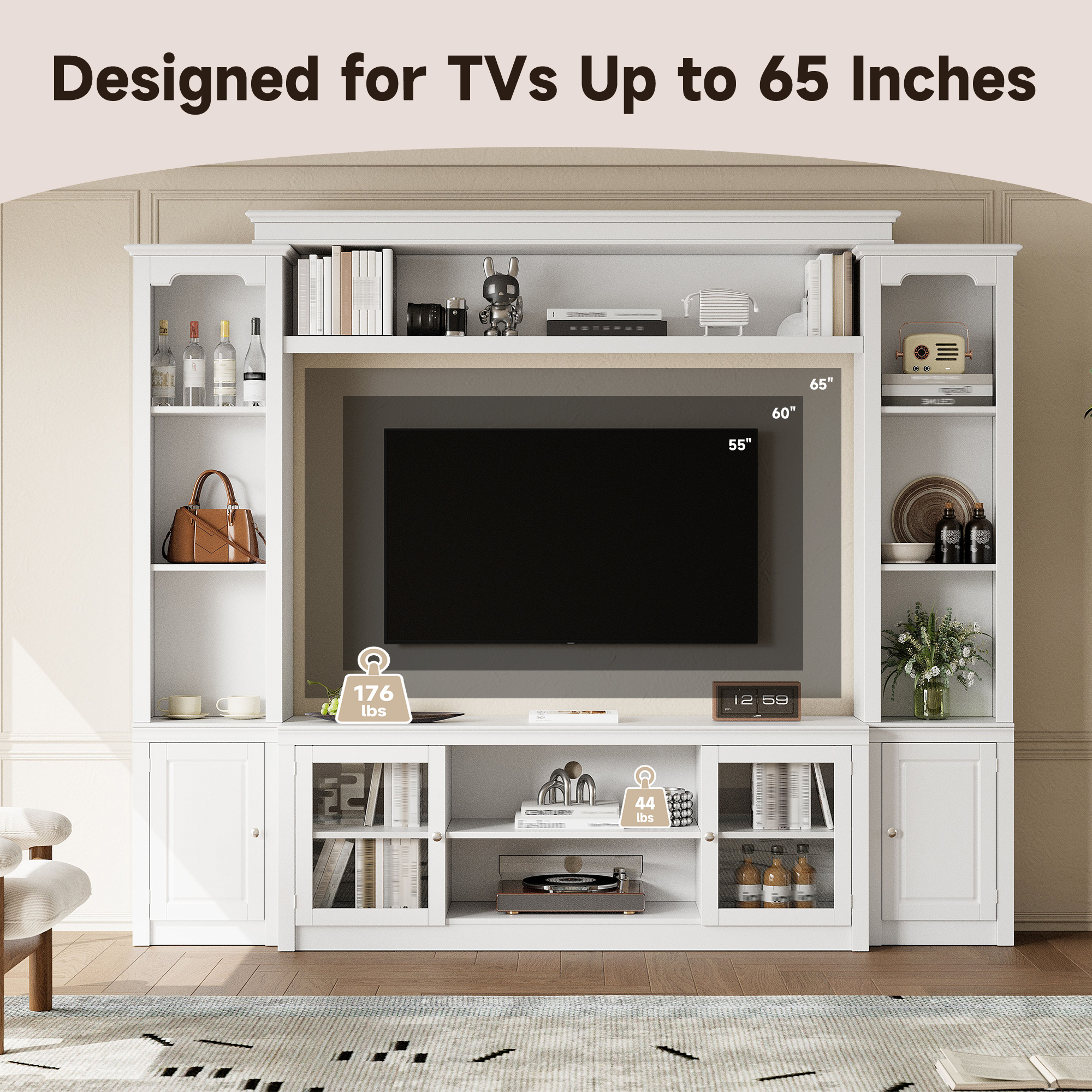 All-in-One Modern TV Stand With Bookcase For TVs Up To 65-inch, Entertainment Center With 4 Adjustable Shelves,Tempered Glass Doors, Display Storage Cabinet, Ample Storage Space TV Stand