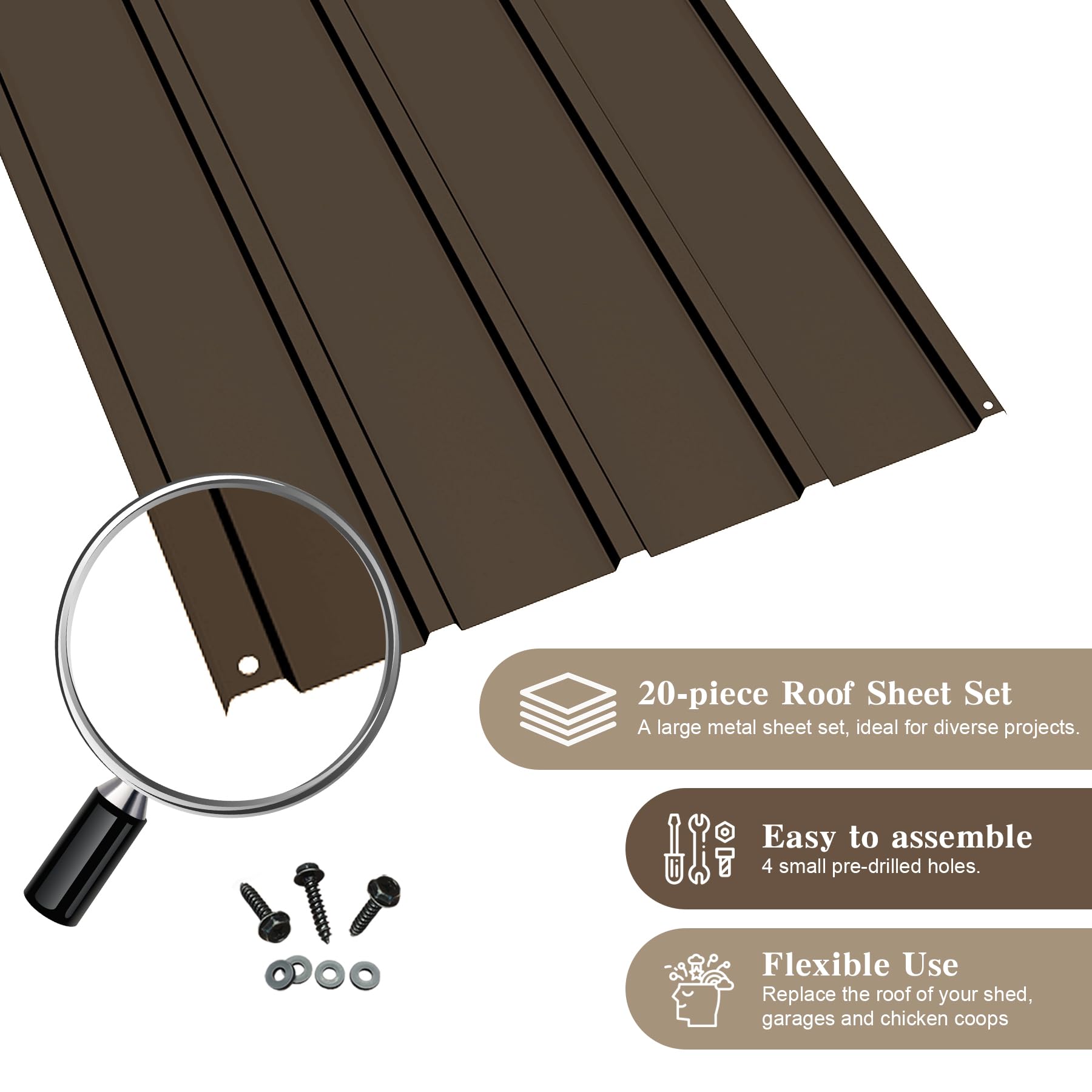 20 PCS Metal Roofing Panels, Galvanized Steel Corrugated Roof Panels Waterproof Heavy Duty Metal Siding Panels With Screws For Pergola Gazebo Garage Sheds Mobile Home   Brown