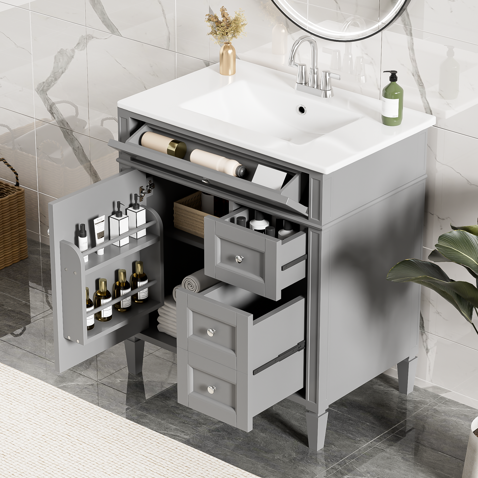 30 Bathroom Vanity With Top Sink, Modern Bathroom Storage Cabinet With 2 Drawers And A Tip-out Drawer, Single Sink Bathroom Vanity