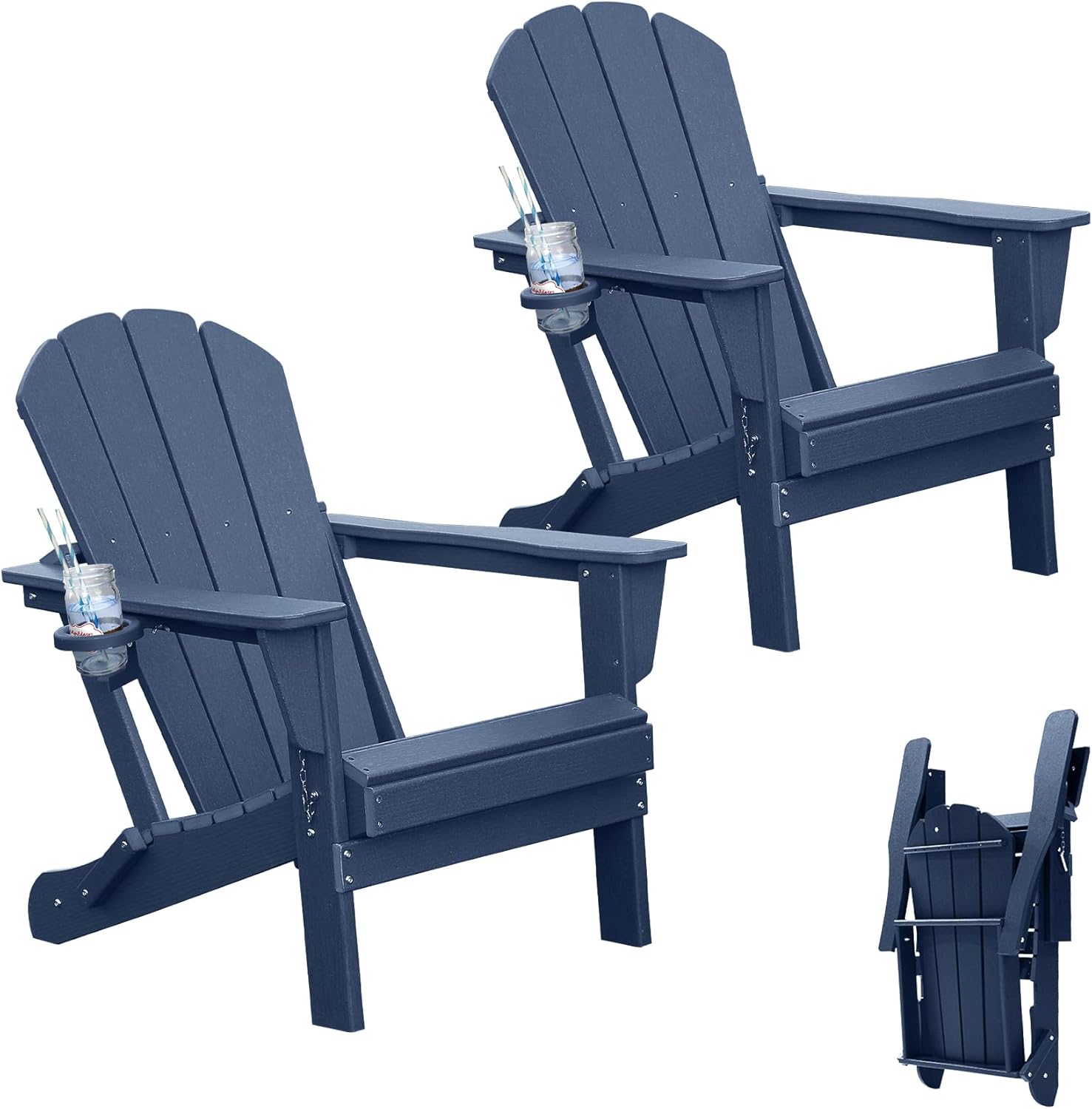 Adirondack Chairs Set Of 2, Plastic Adirondack Chair, Adirondack Chairs, HDPE Adirondack Chair, Folding Adirondack Chairs, Outdoor Chairs With Cup Holder For Lawn Patio Deck Fire Pit -Dark Blue