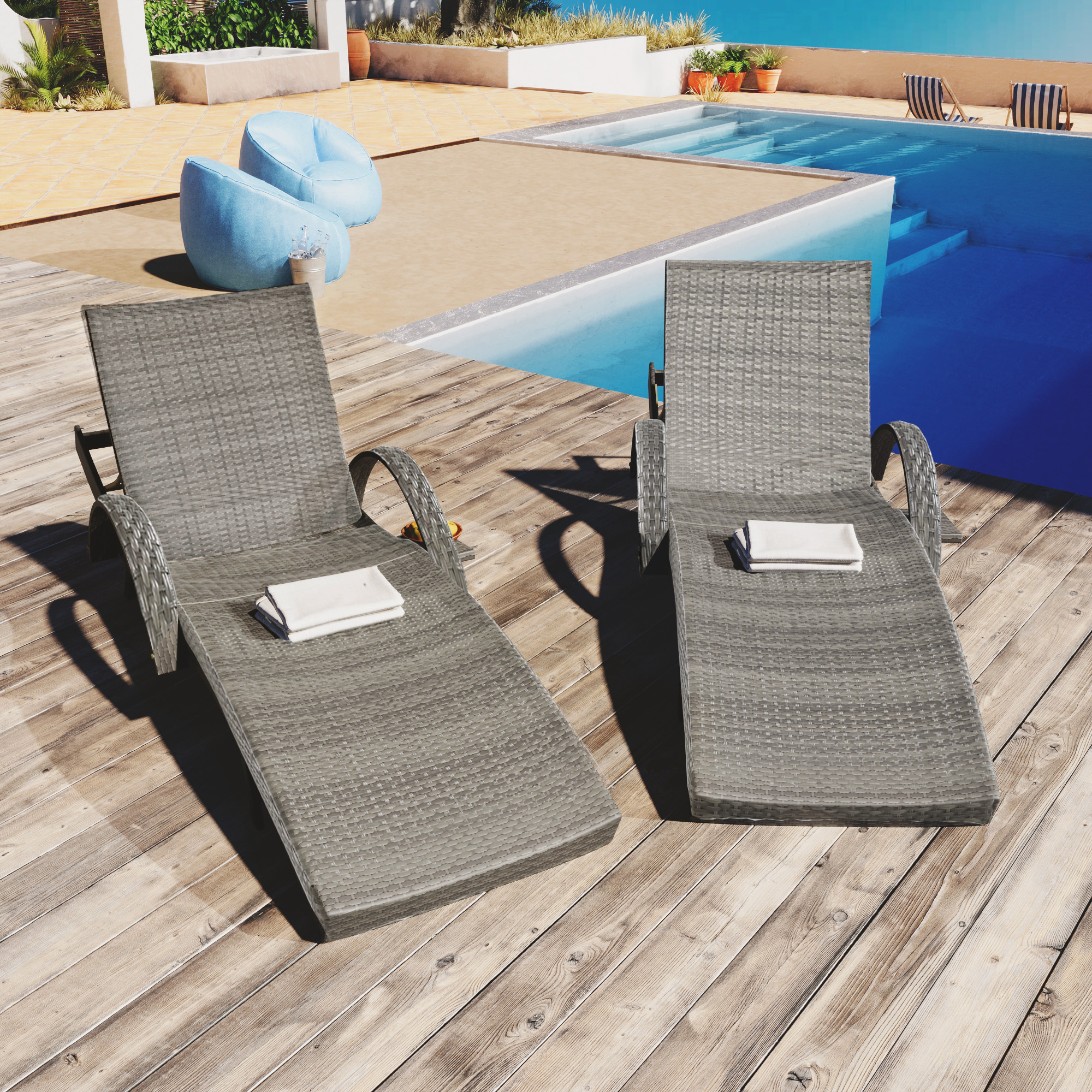 K&K 80   Outdoor Wicker Chaise Lounge Chairs Set Of 2, Patio Rattan Reclining Chair Pull-out Side Table W   5-Level Adjustable Backrest Ergonomic Wave Design Pool Sunbathing Recliners, Grey