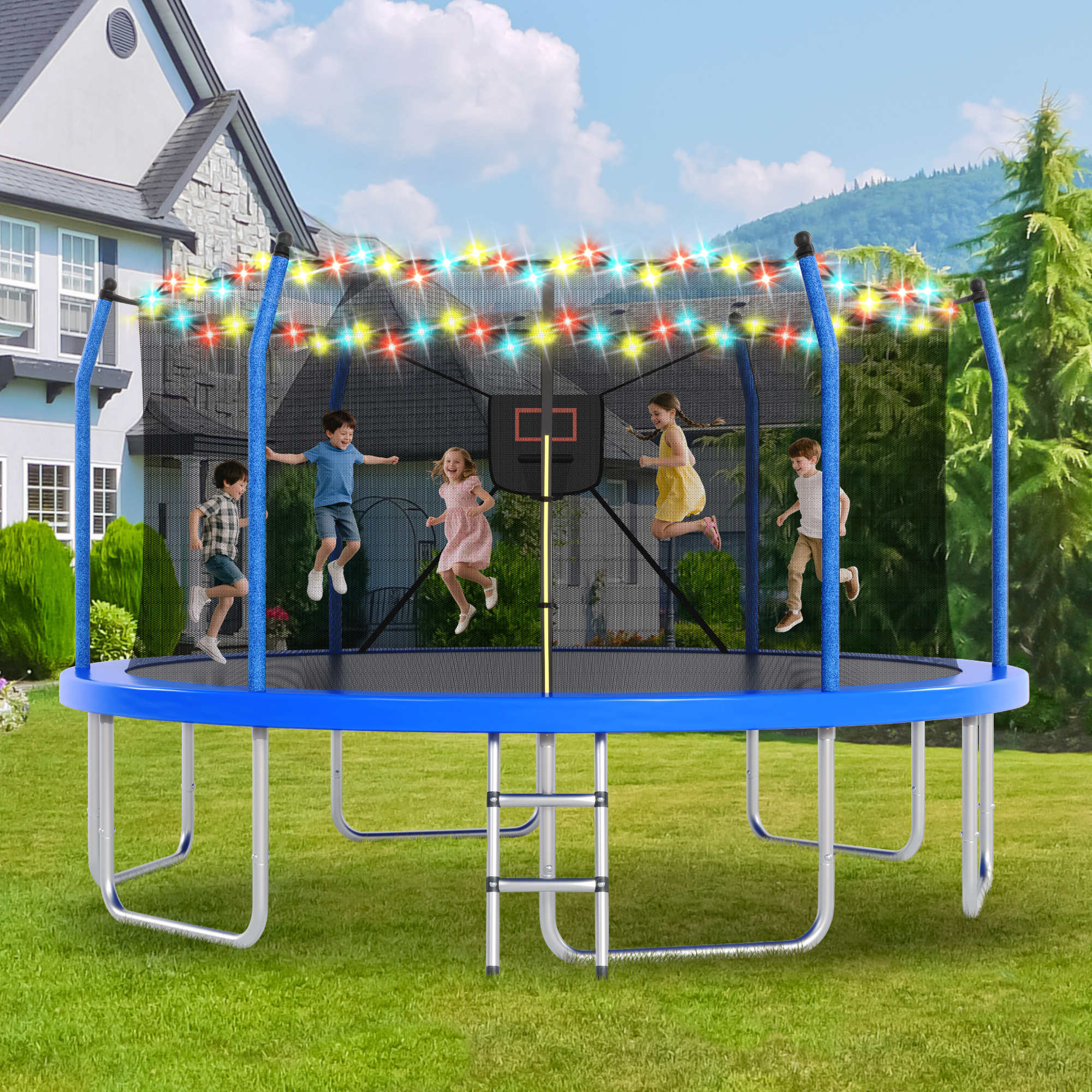 16FT Trampoline With Lights And Basketball Hoop, Outdoor Recreational 16   Trampoine For Kids And Adults