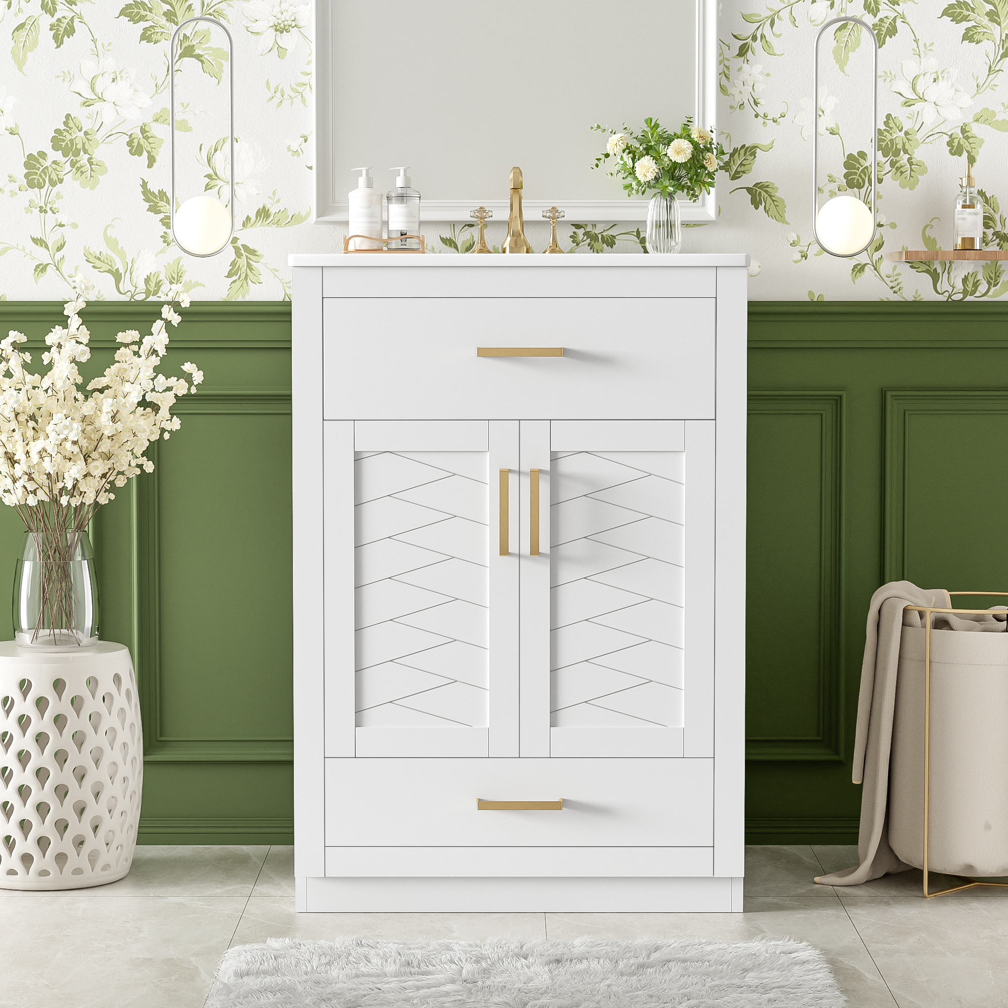 24 Bathroom Vanity With Integrated Ceramic Sink, Bathroom Cabinet With 2 Doors, 1 Tip-out Drawer, Single Sink Bathroom Vanity For Small And Medium Restroom, White