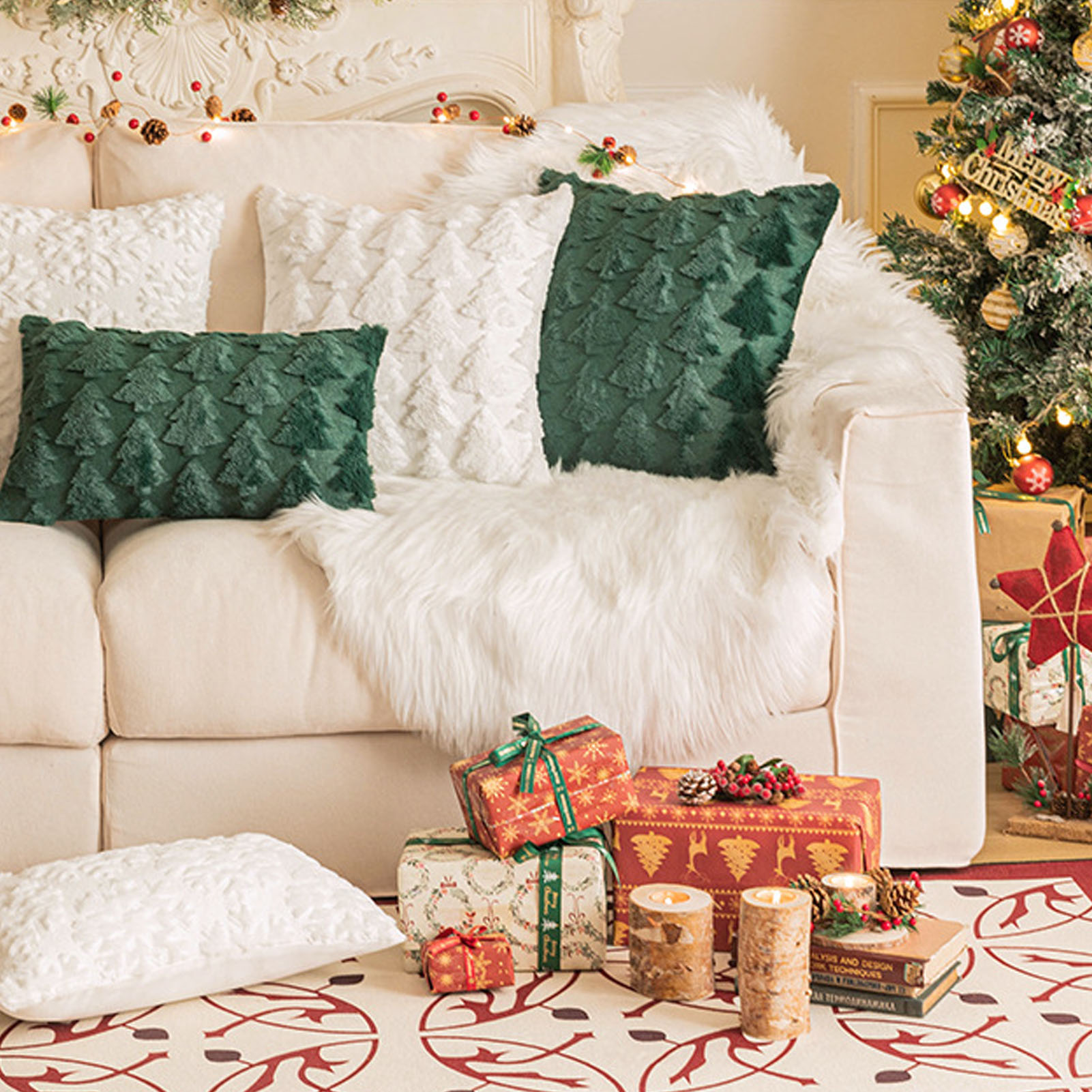 2pcs Xmas Tree Throw Pillow Covers Dark Green Decorative Soft Pillowcases For Couch Sofa Bed Kids Room 17.72x17.72in