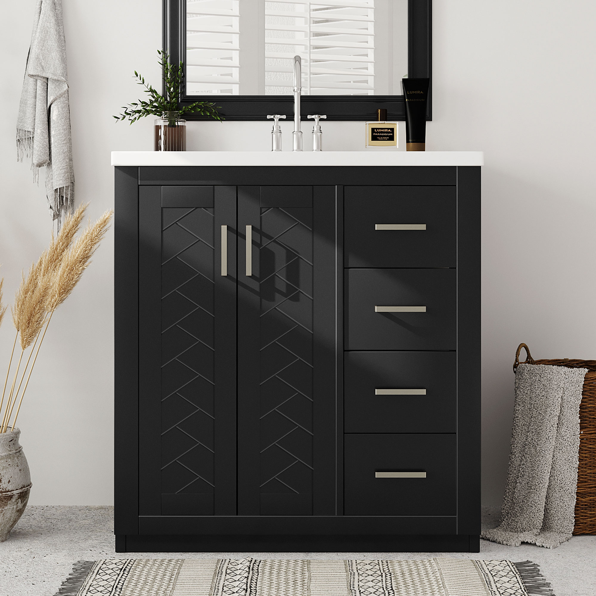 30 Bathroom Vanity With Ceramic Sink Combo, Solid Wood Frame Bathroom Storage Cabinet, Freestanding Vanity Set With 3 Drawers& Soft Closing Doors
