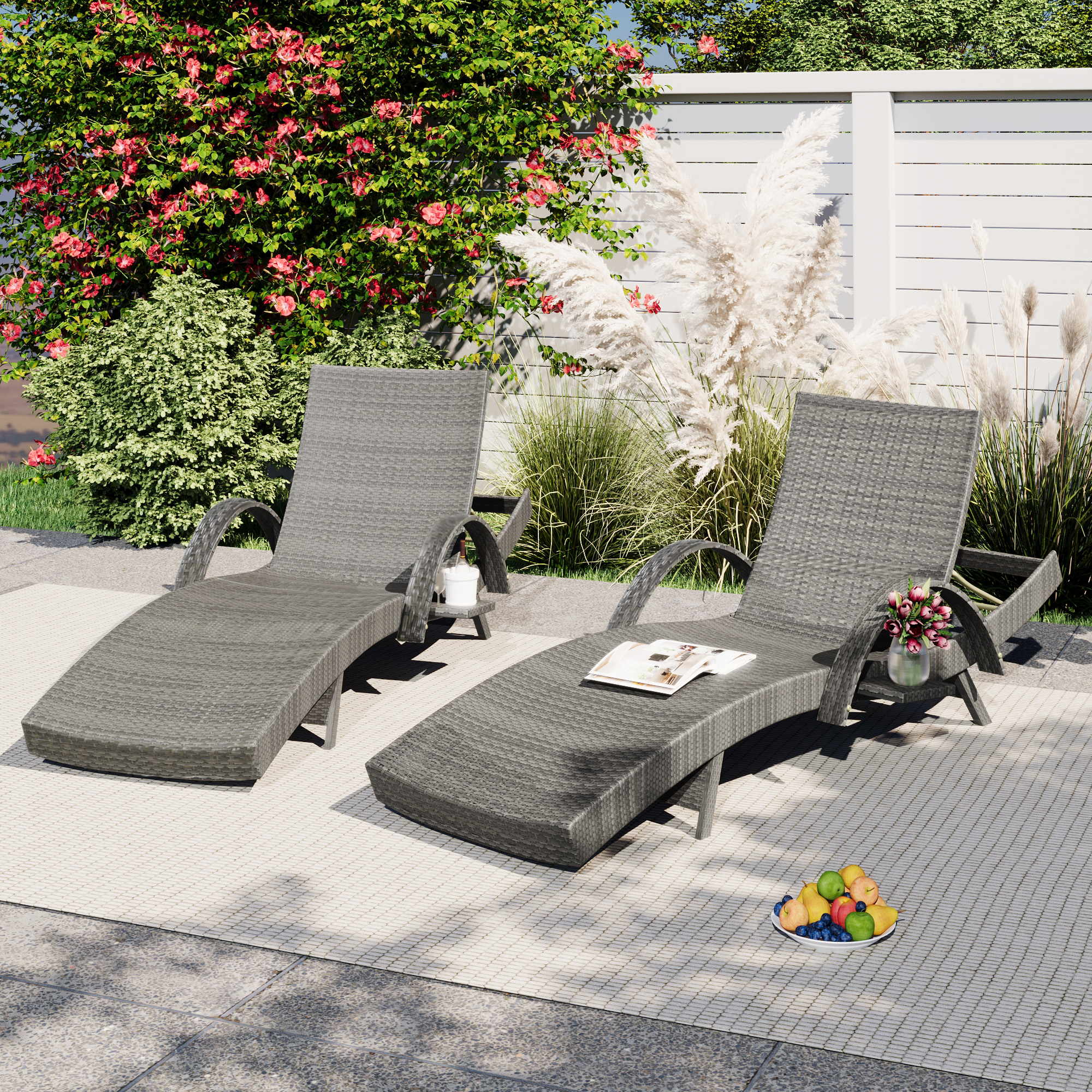 K&K 80   Outdoor Wicker Chaise Lounge Chairs Set Of 2, Patio Rattan Reclining Chair Pull-out Side Table W   5-Level Adjustable Backrest Ergonomic Wave Design Pool Sunbathing Recliners, Grey