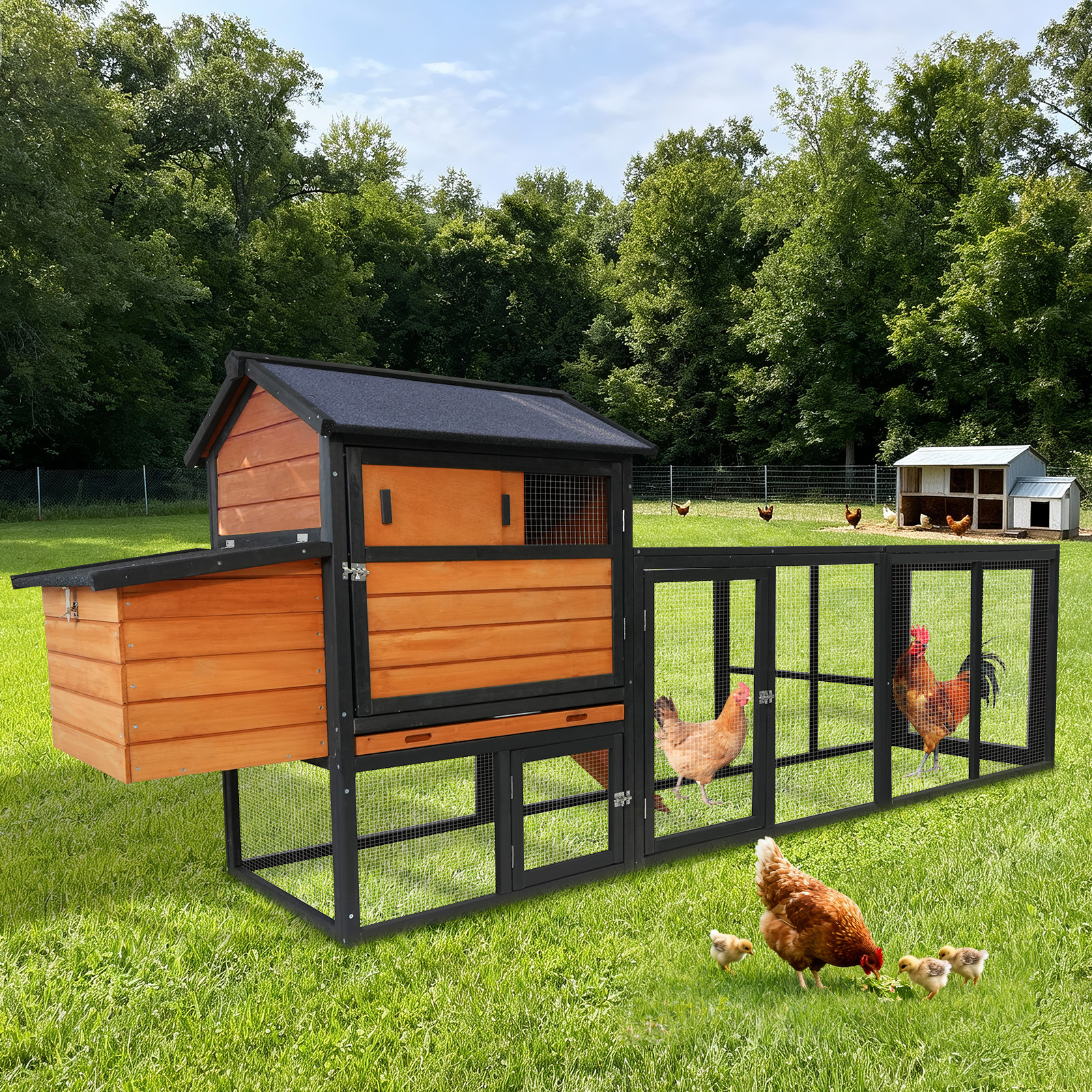 Prohibited Platform-Temu,brown Black Wooden Chicken Coop, Large Outdoor Hen House With Run And Nesting Box Poultry Cage, Rabbit Hutch, Waterproof Anti-UV Panel For Backyard