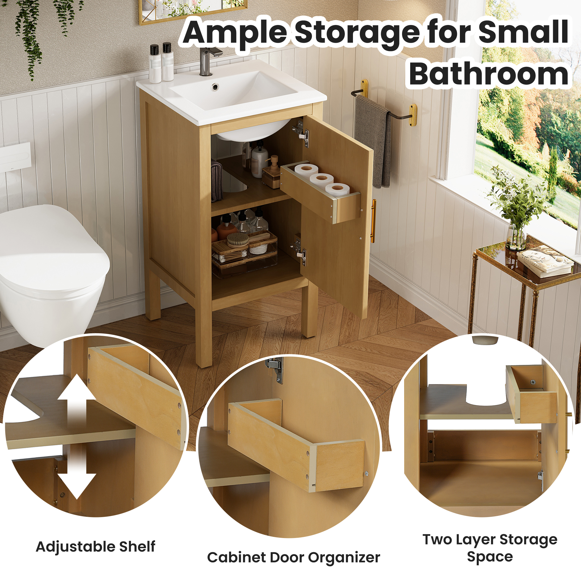 18   Bathroom Cabinet With Storage, Small Space Solution With Ceramic Sink, Adjustable Shelf, Soft-Closing Hinges
