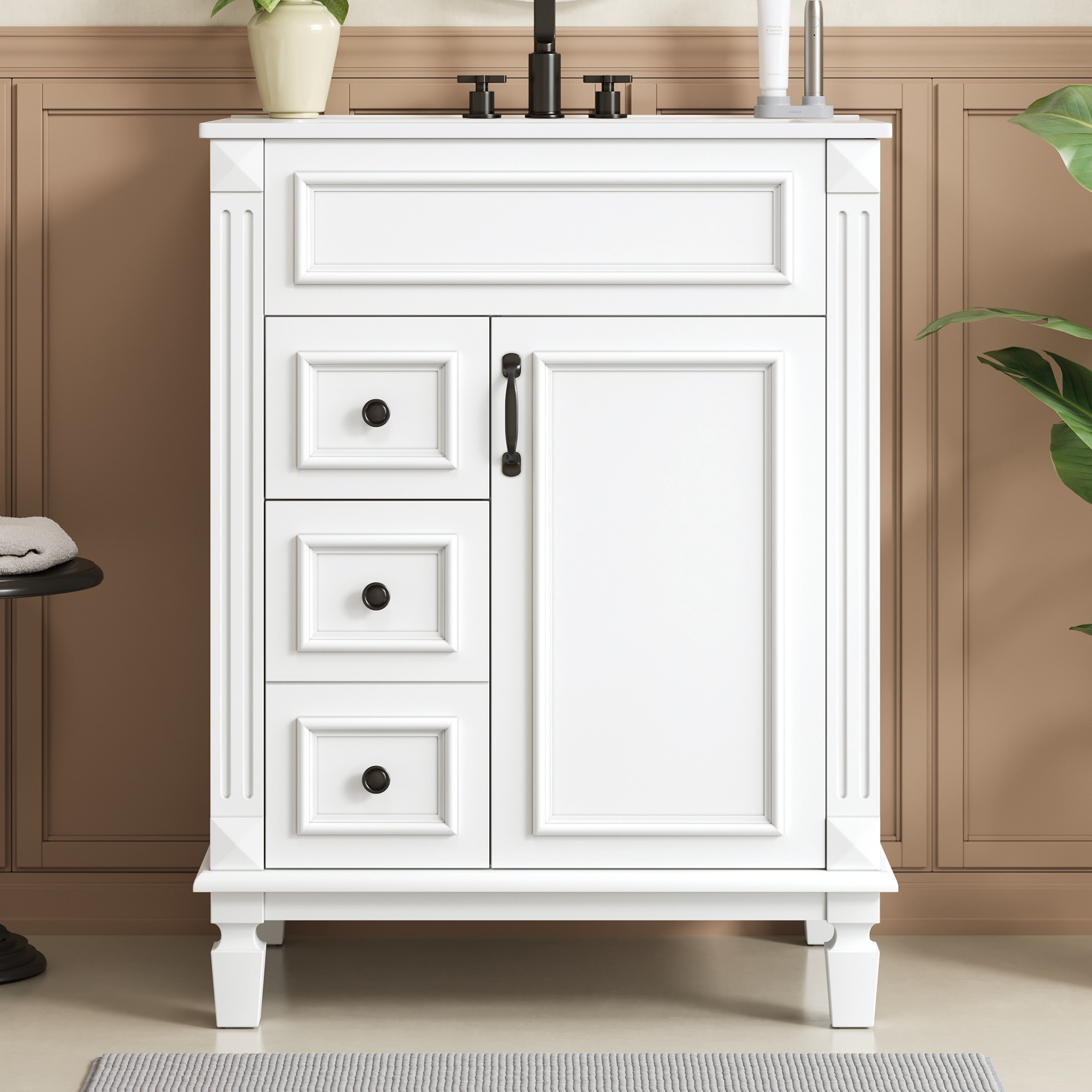 24 Bathroom Vanity With Ceramic Sink, Small Bathroom Sink Cabinet, Modern Cabinet With 2 Drawers And Adjustable Shelf