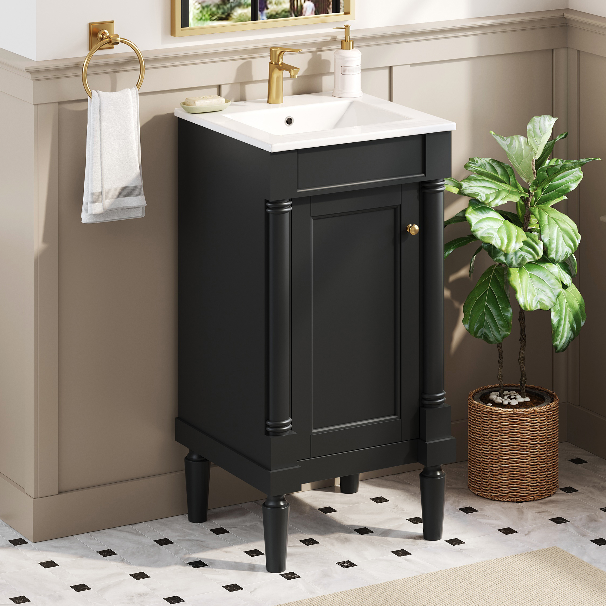18   French Style Bathroom Cabinet With Storage, Small Space Solution With Ceramic Sink, Adjustable Shelf, Soft-Closing Hinges