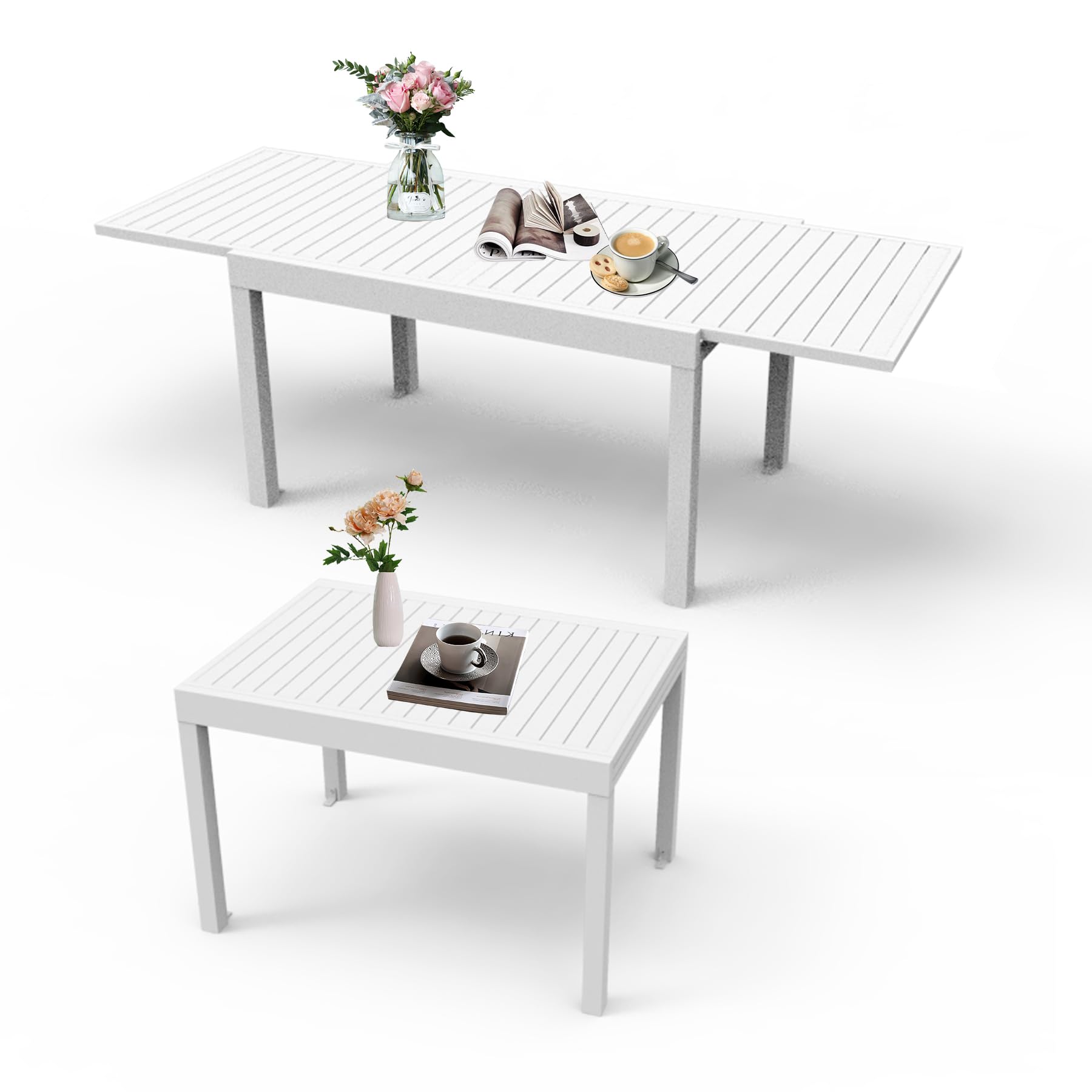 Aluminum Patio Extendable Dining Table 35 - 71 , Adjustable Indoor Outdoor Patio Dining Table With E-Coating For 4-6 Person Garden Lawn Porch Bistro Furniture, Elegant Ivory White