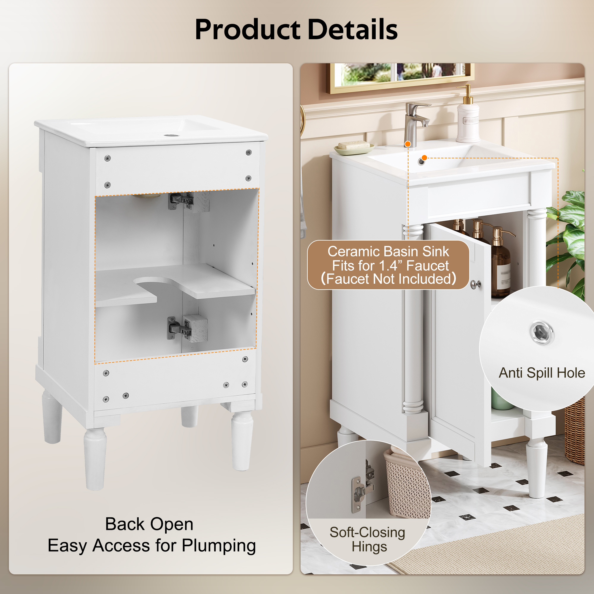 18   French Style Bathroom Cabinet With Storage, Small Space Solution With Ceramic Sink, Adjustable Shelf, Soft-Closing Hinges