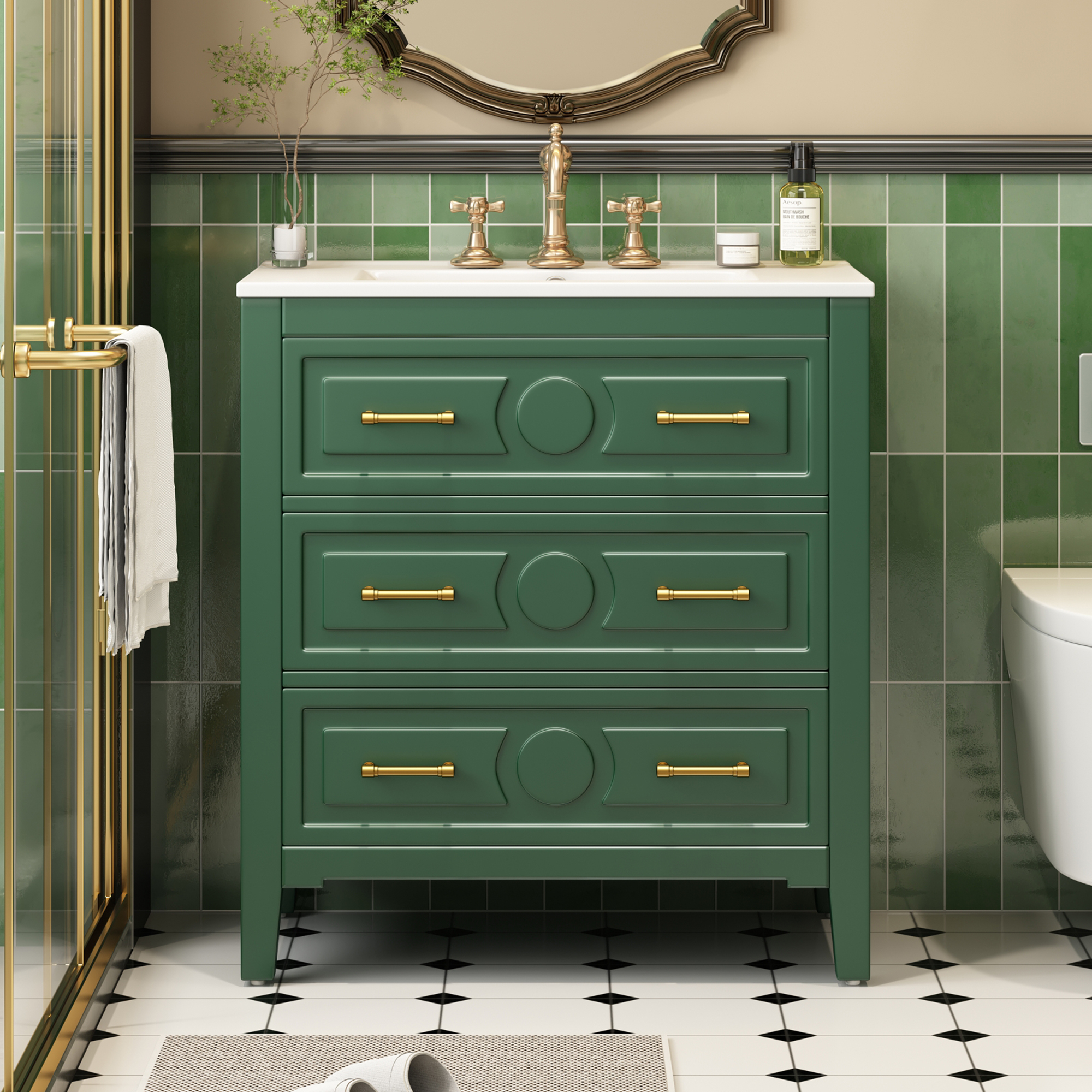 30 Bathroom Vanity With Ceramic Sink Combo, Free Standing Single Vanity Set With 3 Drawers, Solid Wood Frame Bathroom Storage Cabinet, Green