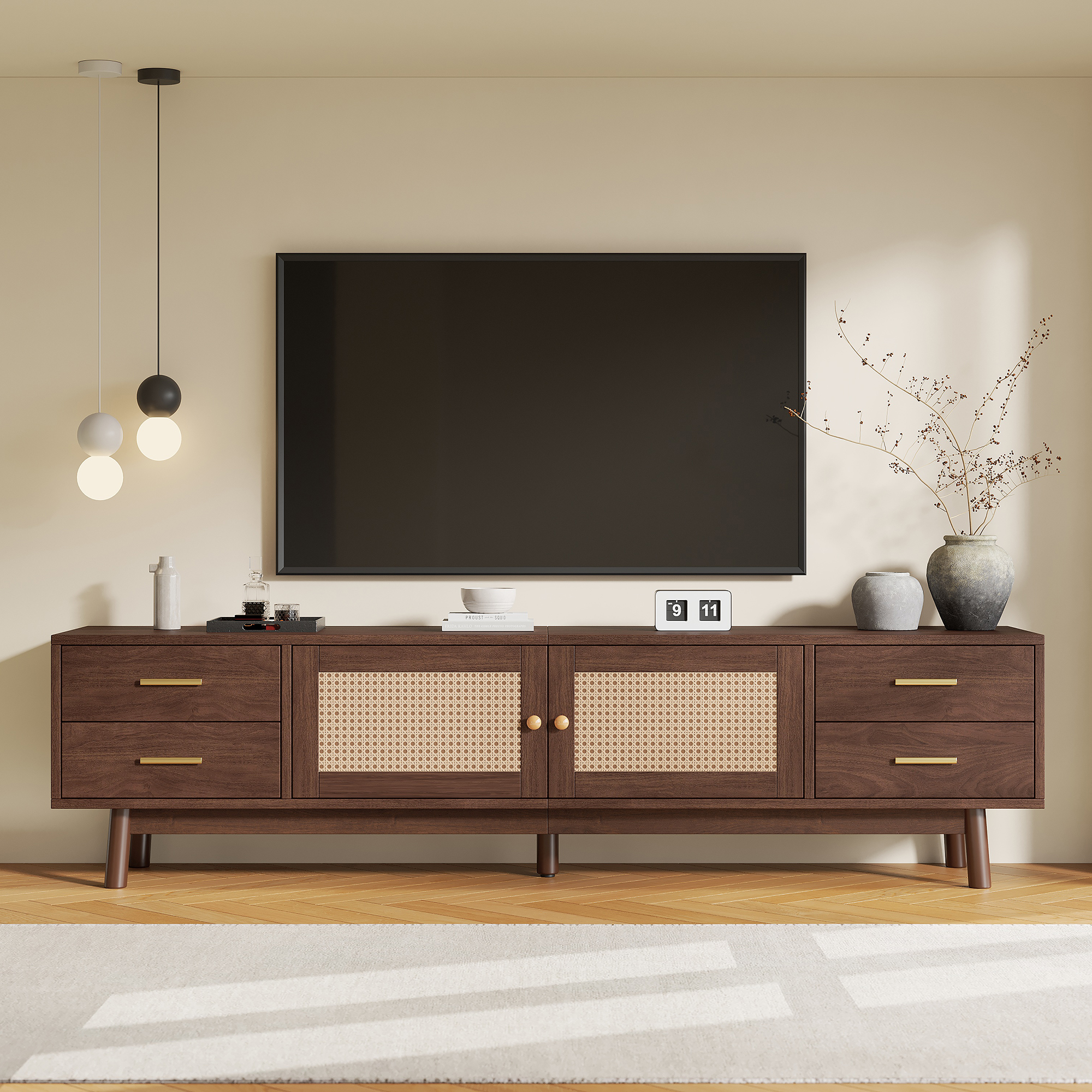 70inch Modern TV Stand With Rattan Doors For TVs Up To 80  , Media Console With Storage Space, 4 Drawers & Cable Holes, Entertainment Center For Living Room