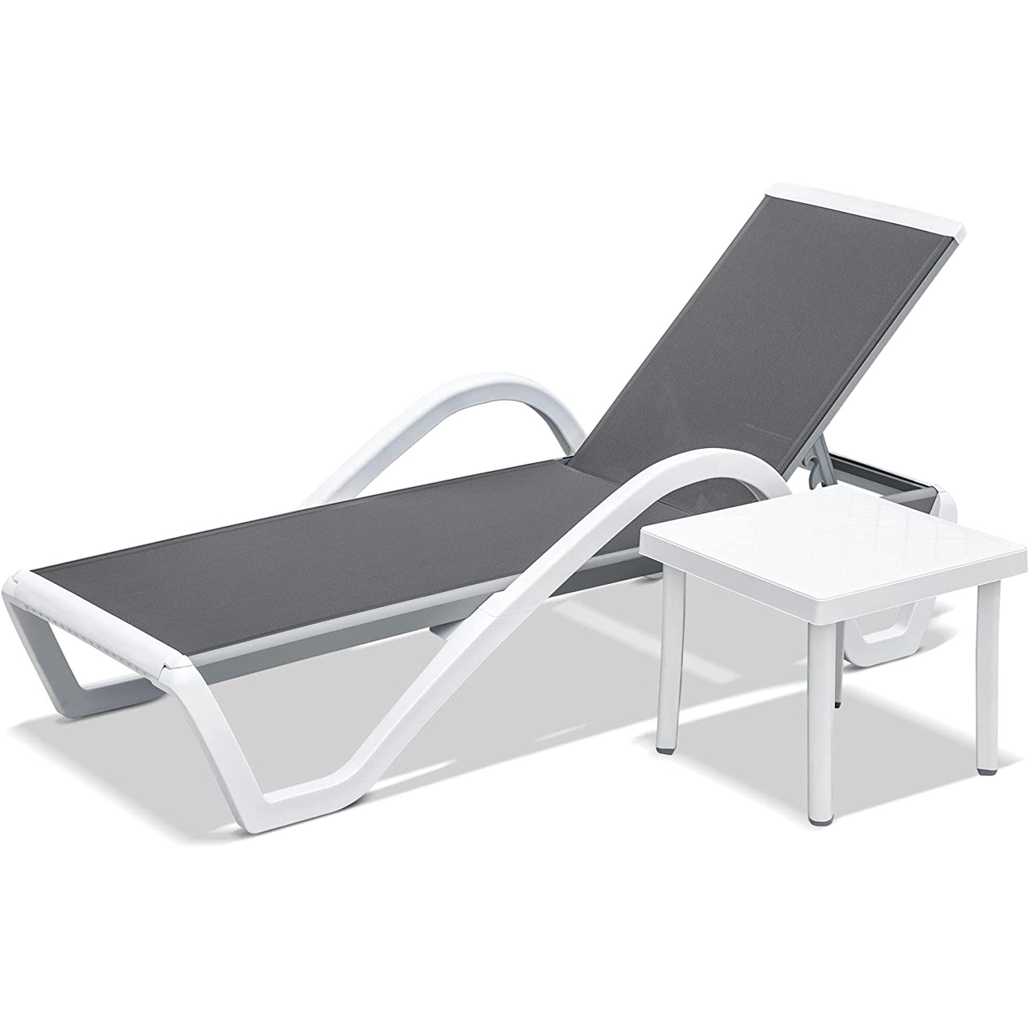 Patio Chaise Lounge Adjustable Aluminum Pool Lounge Chairs With Arm All Weather Pool Chairs For Outside,in-Pool,Lawn Gray, 1 Lounge Chair 1 Plastic Table