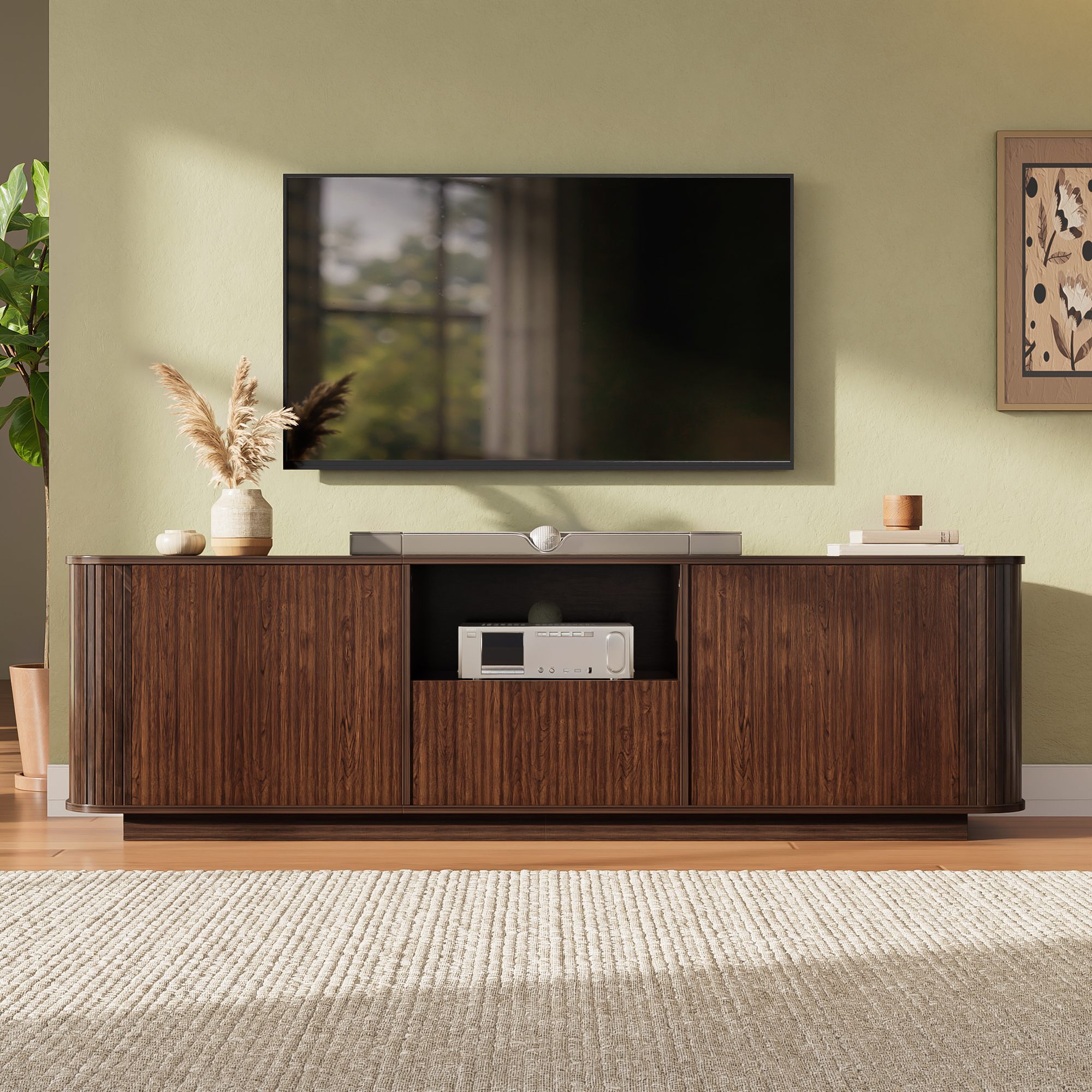 70-inch Modern TV Stand For TVs Up To 80 Inches For Living Room, Media Entertainment Center With Ample Storage & Cured Corners
