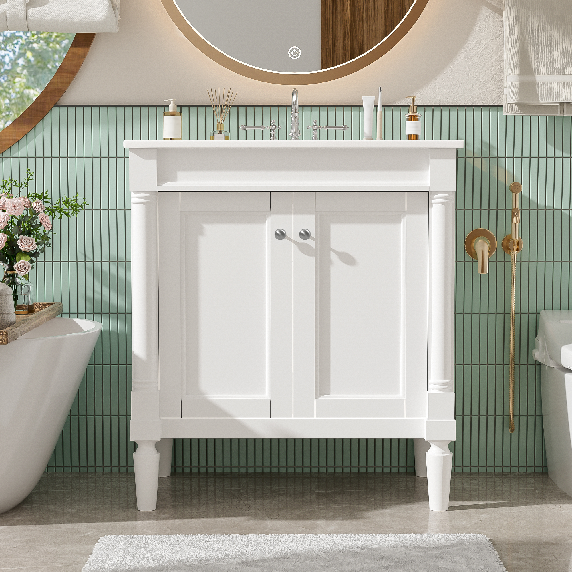 30 Luxurious Bathroom Vanity Cabinet With Ceramic Sink Basin, 30-Inch, Storage Cabinet With Soft Close Doors And Solid Wood Legs
