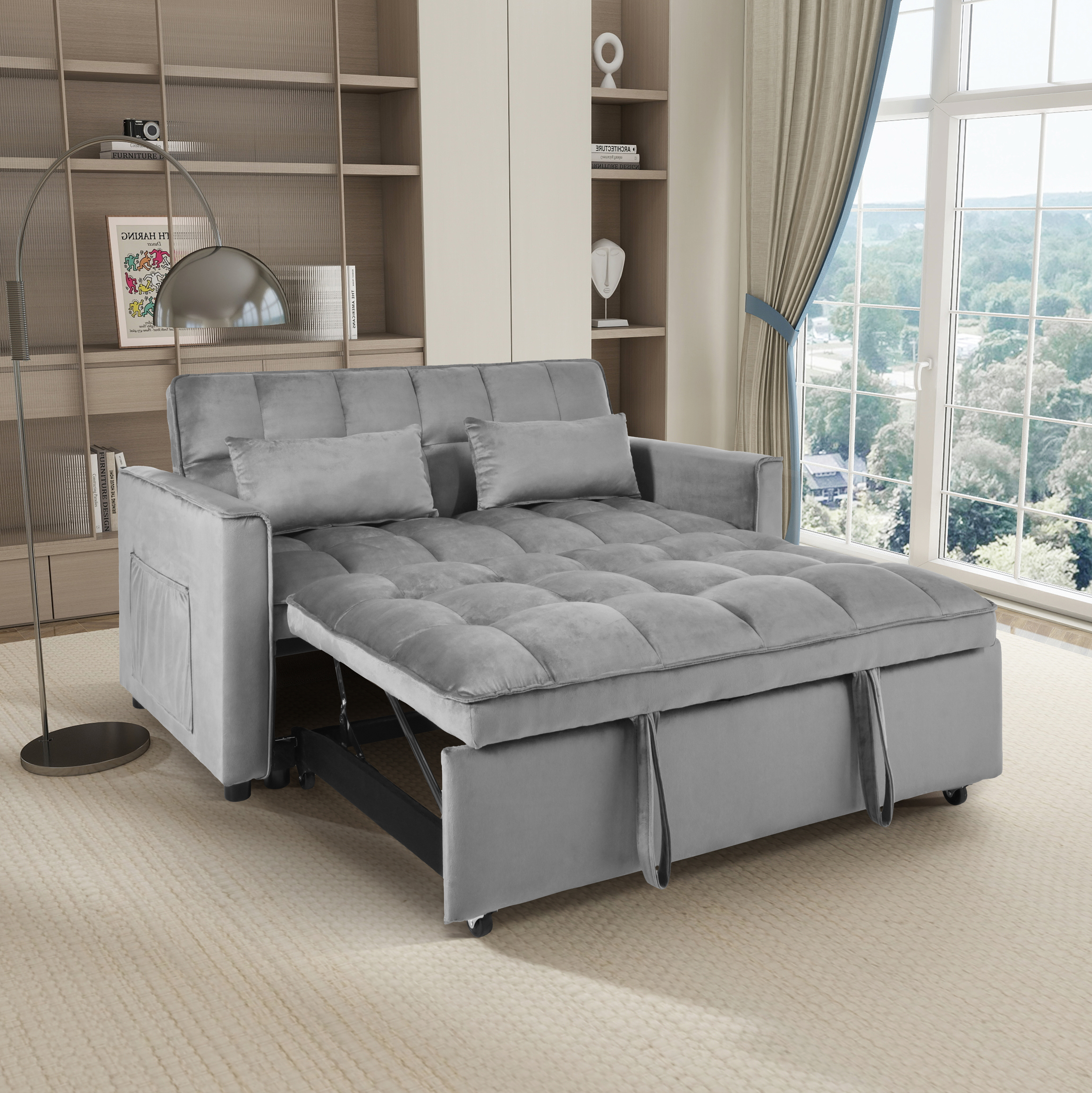 Convertible Sofa Bed,3-in-1 Pull Out Couch Bed With Reclining Backrest And Pillows,Sofa Bed Chair Full Convertible Sleeper Loveseat For  Living Room, Home Or Office  Light Gray