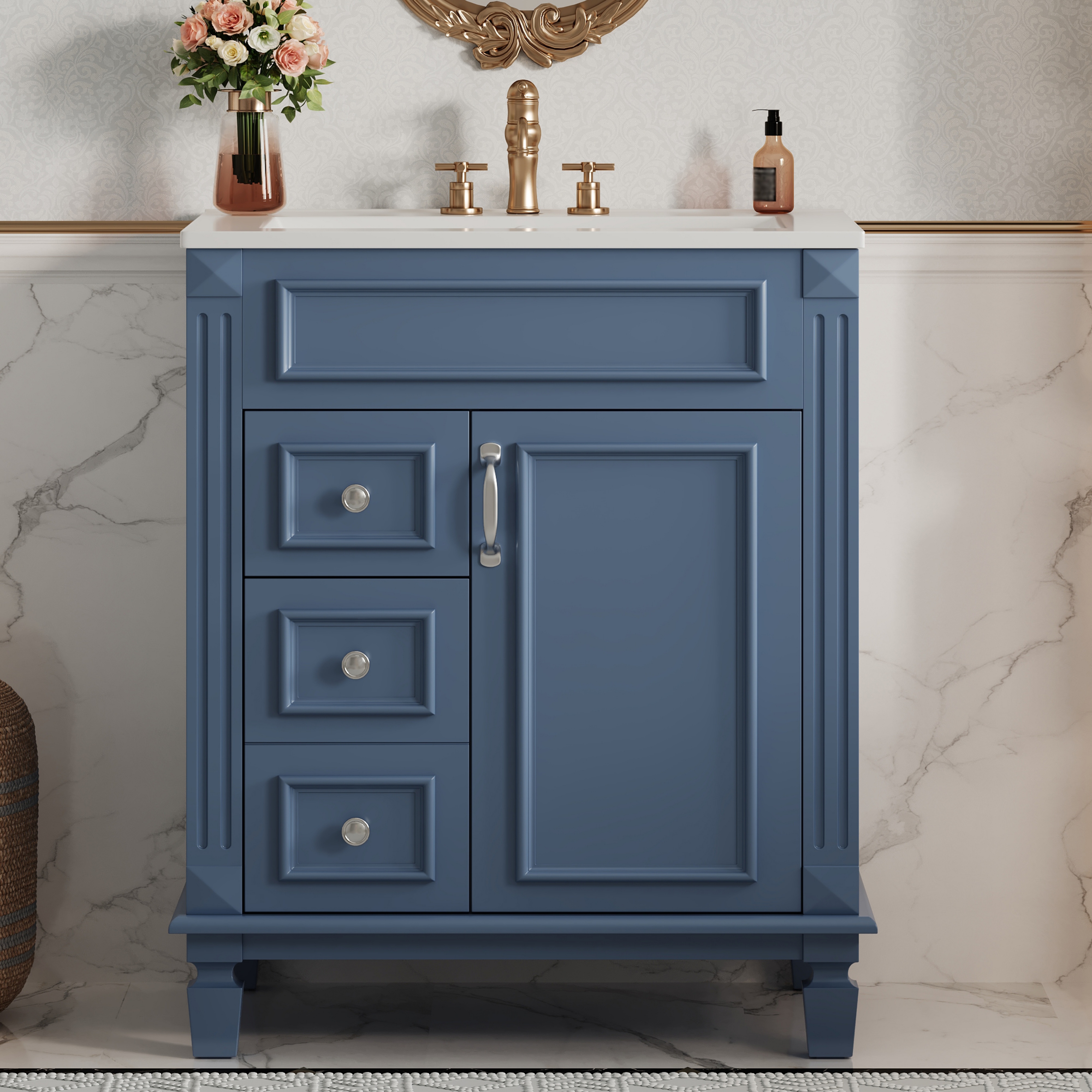 24 Bathroom Vanity With Ceramic Sink, Small Bathroom Sink Cabinet, Modern Cabinet With 2 Drawers And Adjustable Shelf