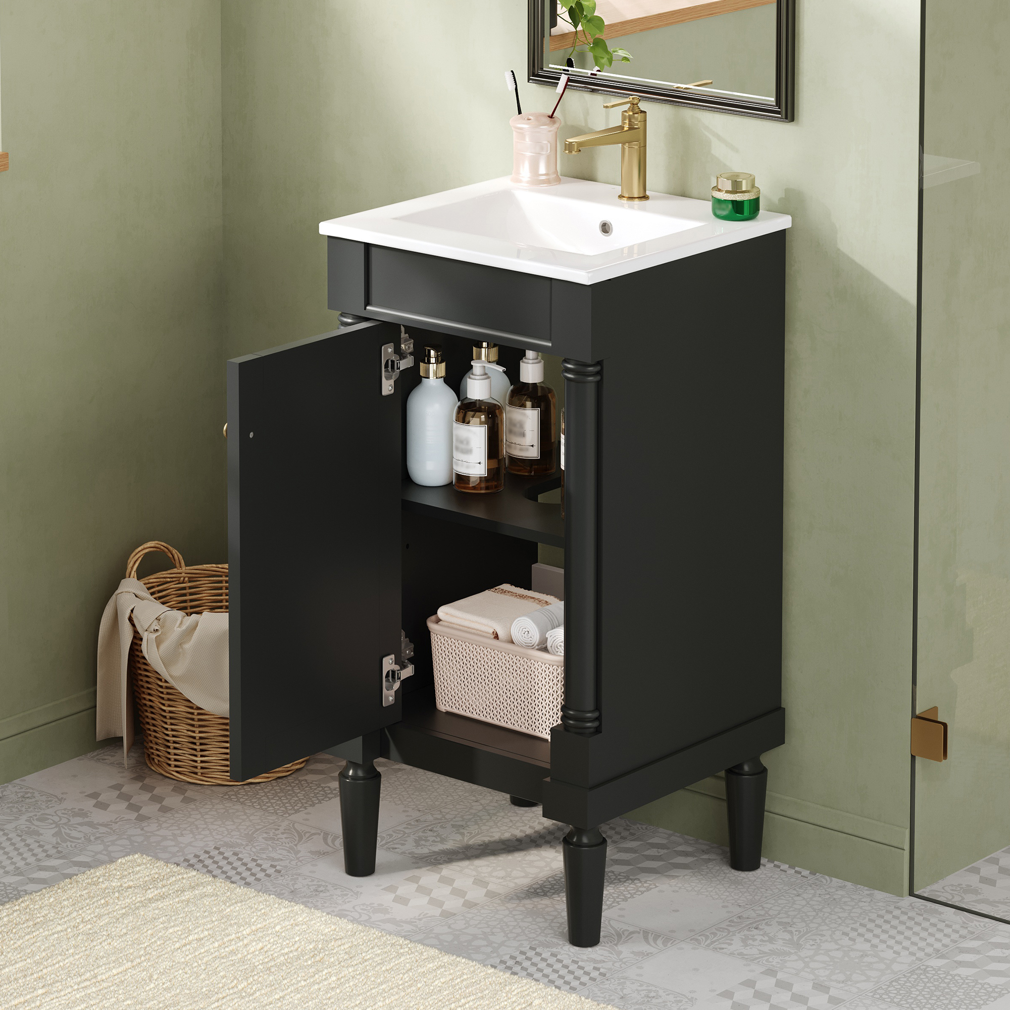 18   French Style Bathroom Cabinet With Storage, Small Space Solution With Ceramic Sink, Adjustable Shelf, Soft-Closing Hinges