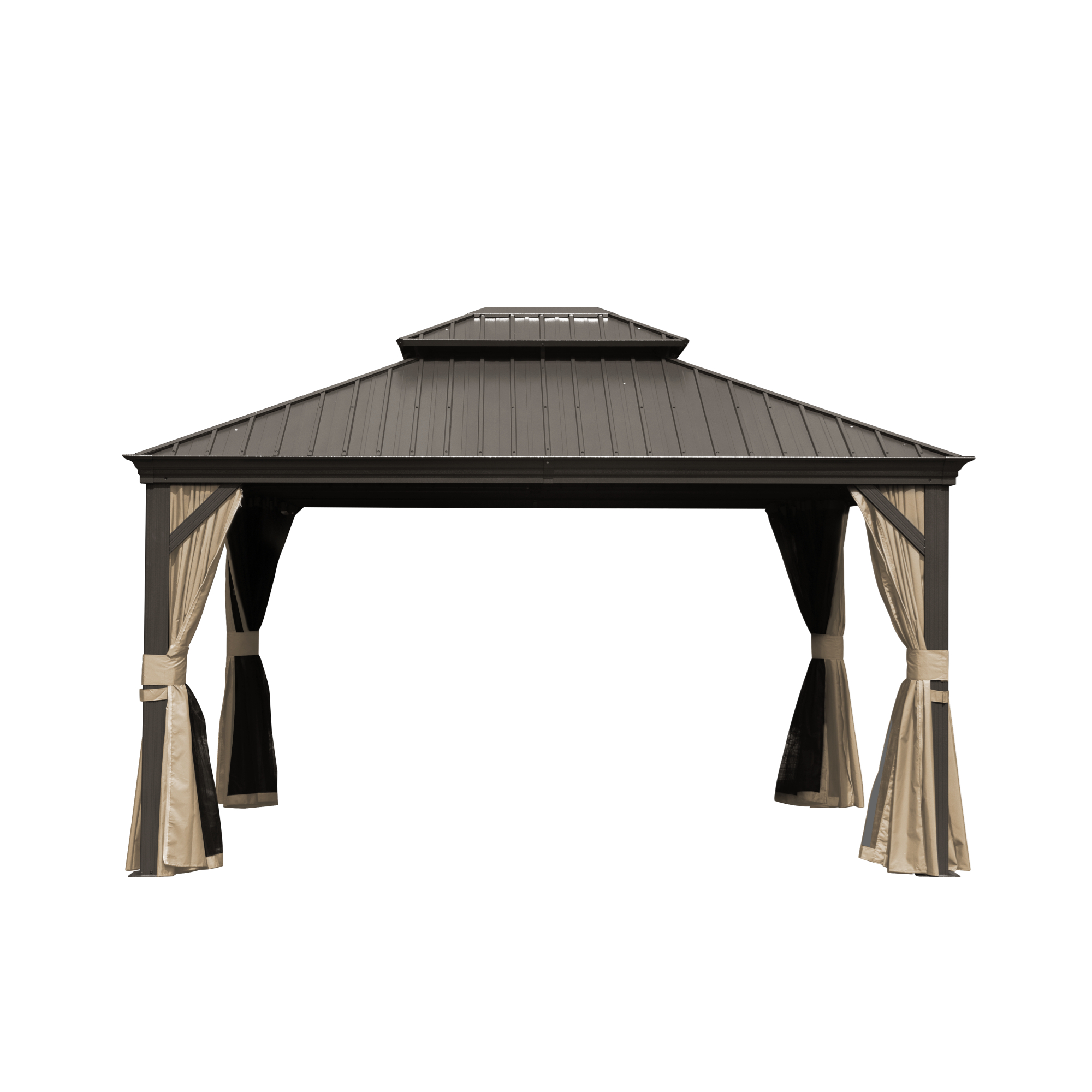 10 X 12 Hardtop Gazebo Outdoor Aluminum Gazebos Grill With Galvanized Steel Double Canopy For Patios Deck Backyard,Curtains&Netting, Brown