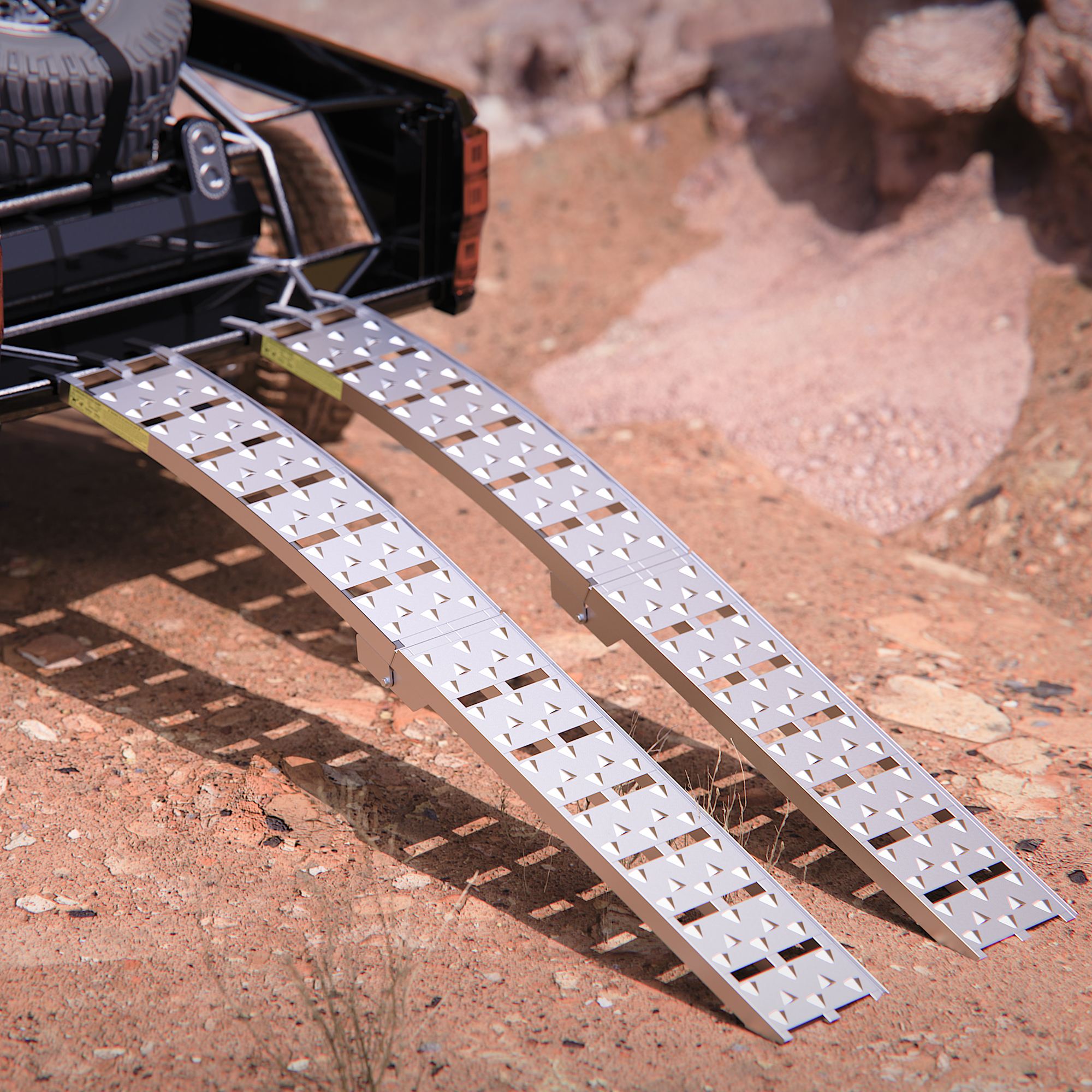2-piece CYDD aluminum loading ramp set for pickup trucks showing tailgate hook attachment