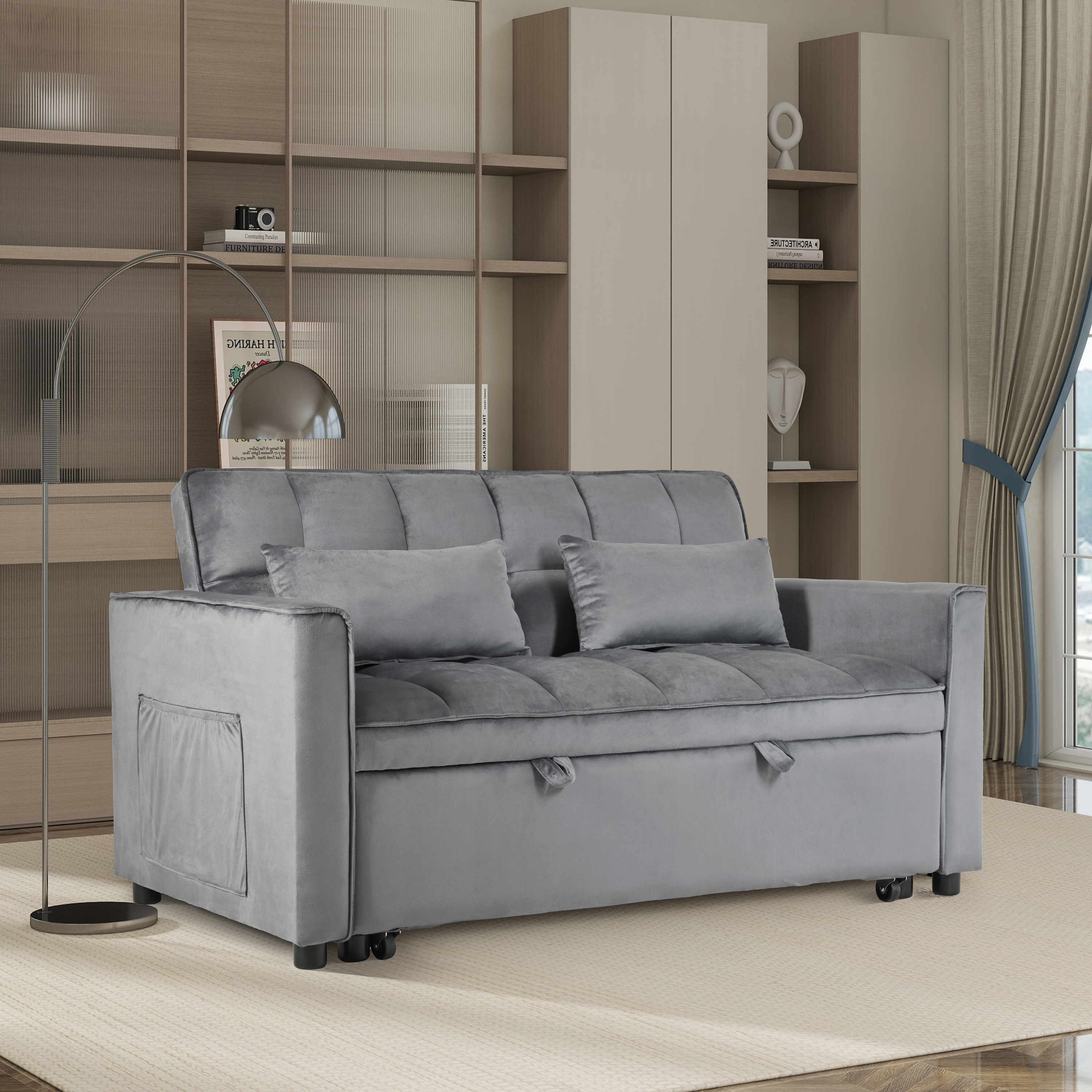 Convertible Sofa Bed,3-in-1 Pull Out Couch Bed With Reclining Backrest And Pillows,Sofa Bed Chair Full Convertible Sleeper Loveseat For  Living Room, Home Or Office  Light Gray