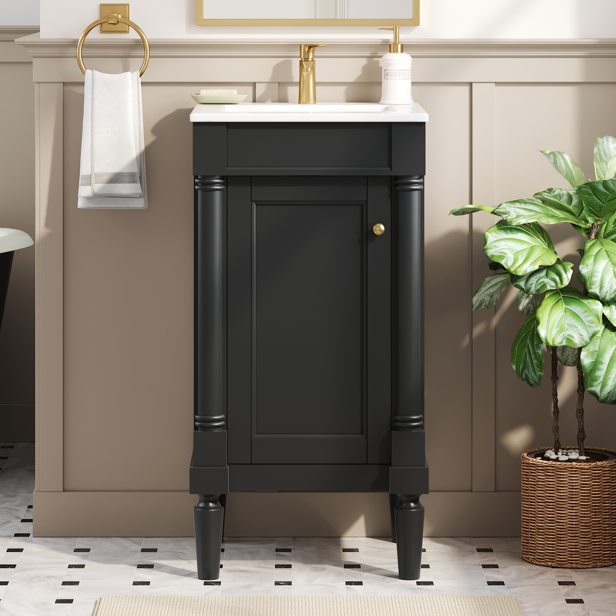 18   French Style Bathroom Cabinet With Storage, Small Space Solution With Ceramic Sink, Adjustable Shelf, Soft-Closing Hinges
