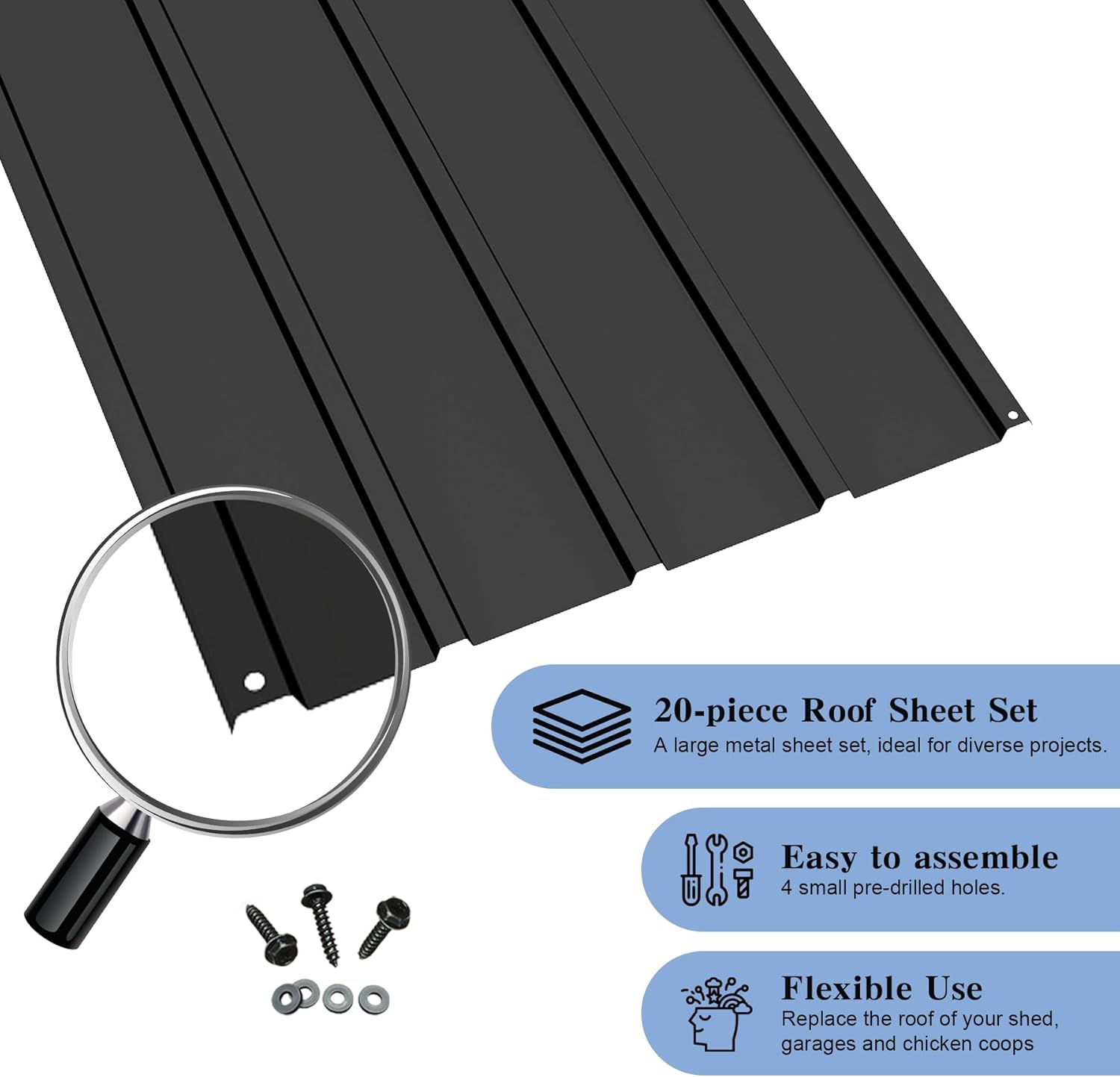 20 PCS Metal Roofing Panels, Galvanized Steel Corrugated Roof Panels Waterproof Heavy Duty Metal Siding Panels With Screws For Pergola Gazebo Garage Sheds Mobile Home   Grey detail
