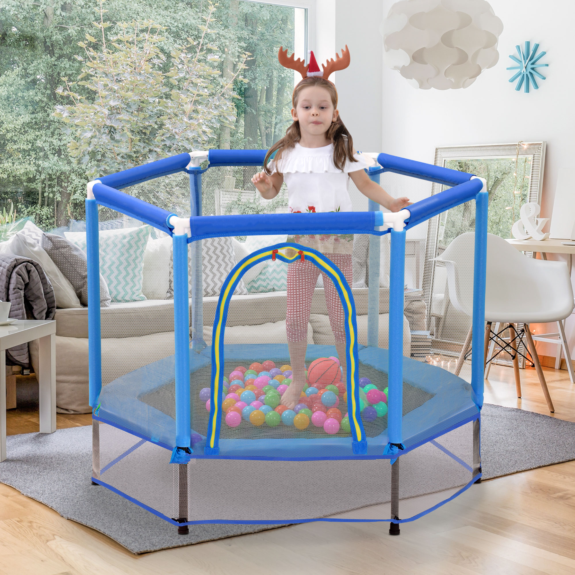 55 Toddlers Trampoline With Safety Enclosure Net And Balls, Indoor Outdoor Mini Trampoline For Kids