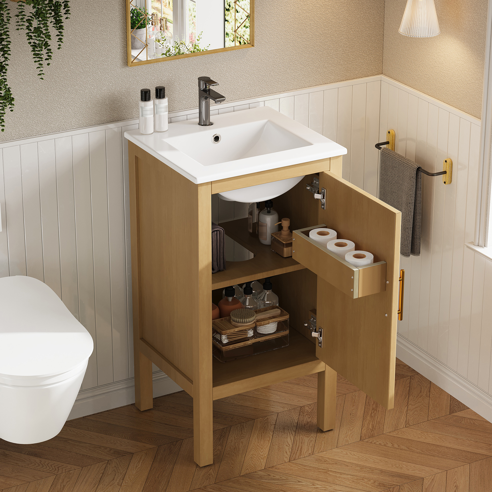 18   Bathroom Cabinet With Storage, Small Space Solution With Ceramic Sink, Adjustable Shelf, Soft-Closing Hinges