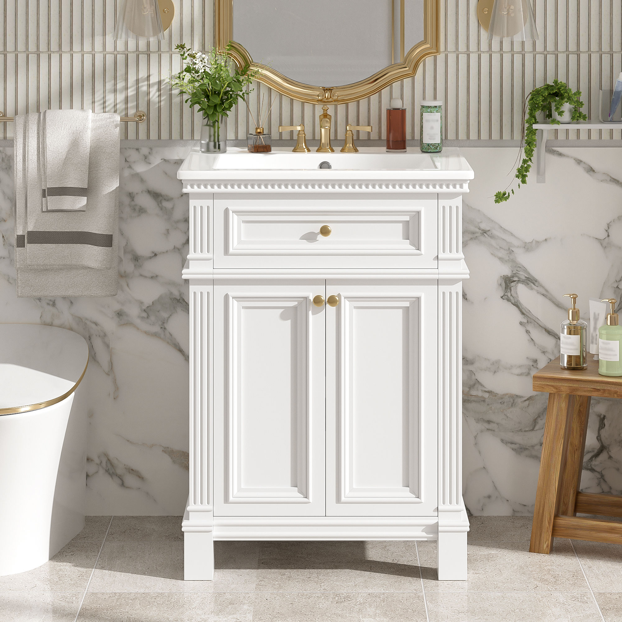 24 Vintage Elegance Bathroom Cabinet With Soft Closing Doors And Adjustable Shelf, Bathroom Vanity With Ceramic Sink