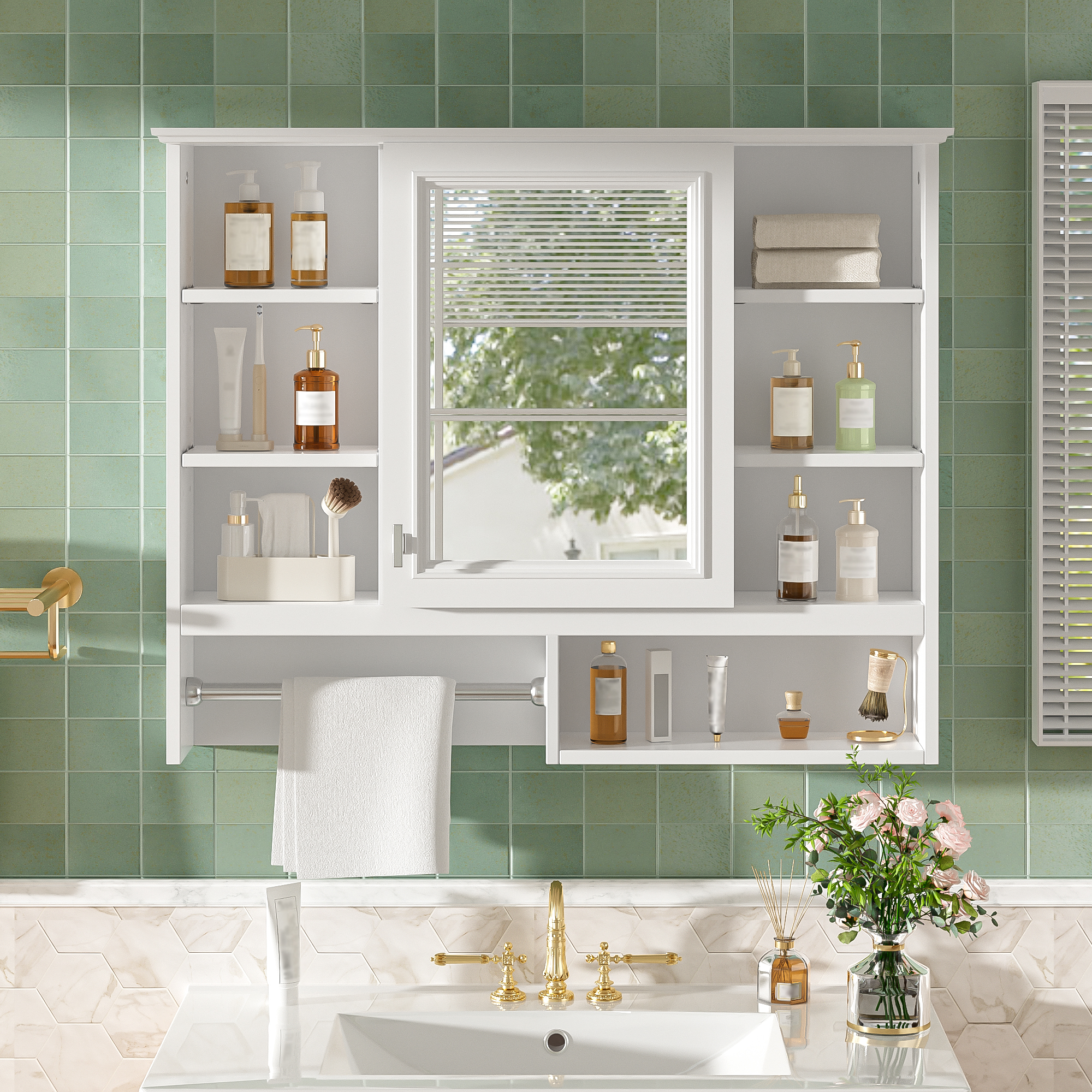 35 Inch Wall-Mount 2-in-1 Mirror Cabinet With Adjustable Shelves, Soft-Closing Hinges, Open Shelves, For Bathroom Vanity, Living Room, Bedroom Storage Organizer