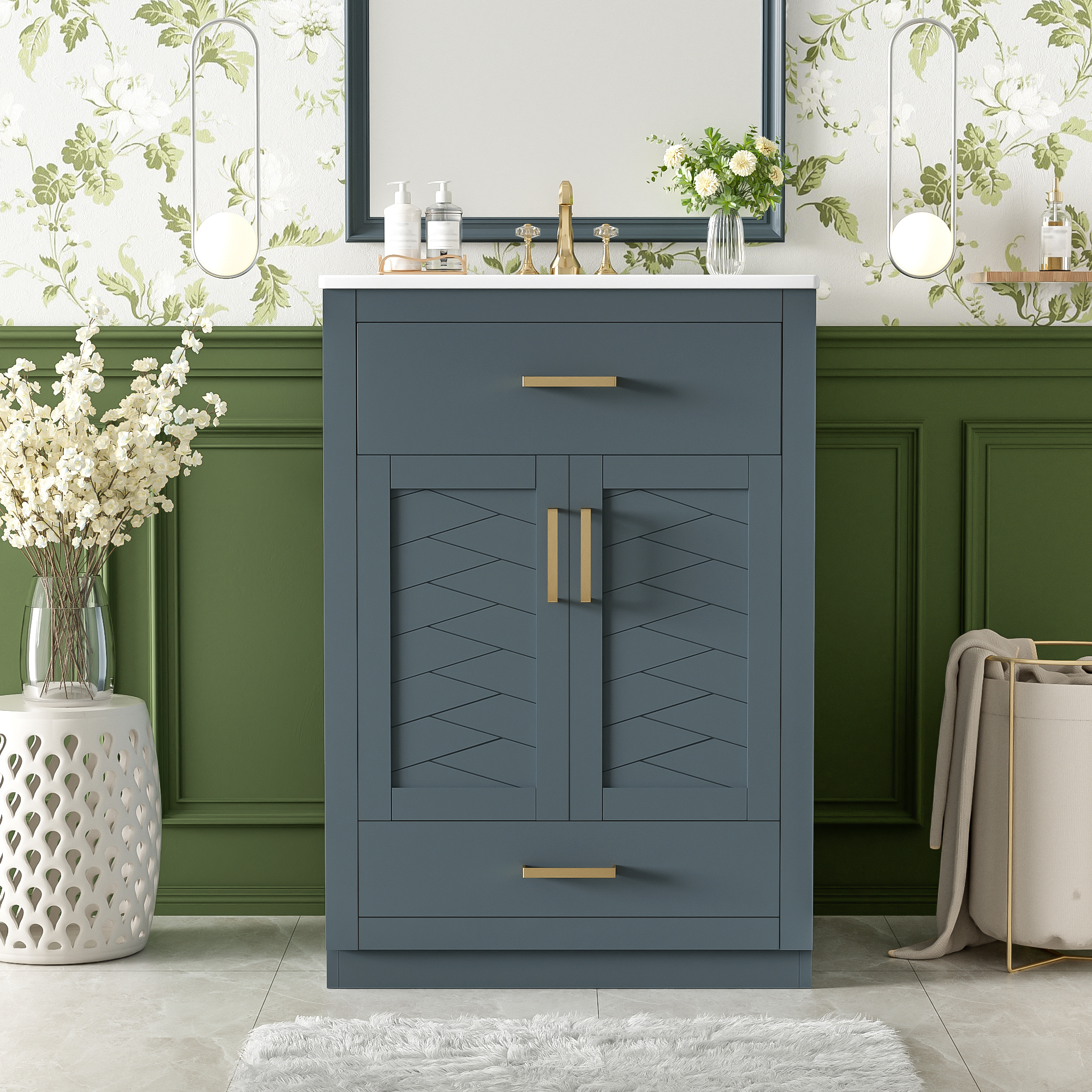 24 Bathroom Vanity With Integrated Ceramic Sink, Bathroom Cabinet With 2 Doors, 1 Tip-out Drawer, Single Sink Bathroom Vanity For Small And Medium Restroom, Blue