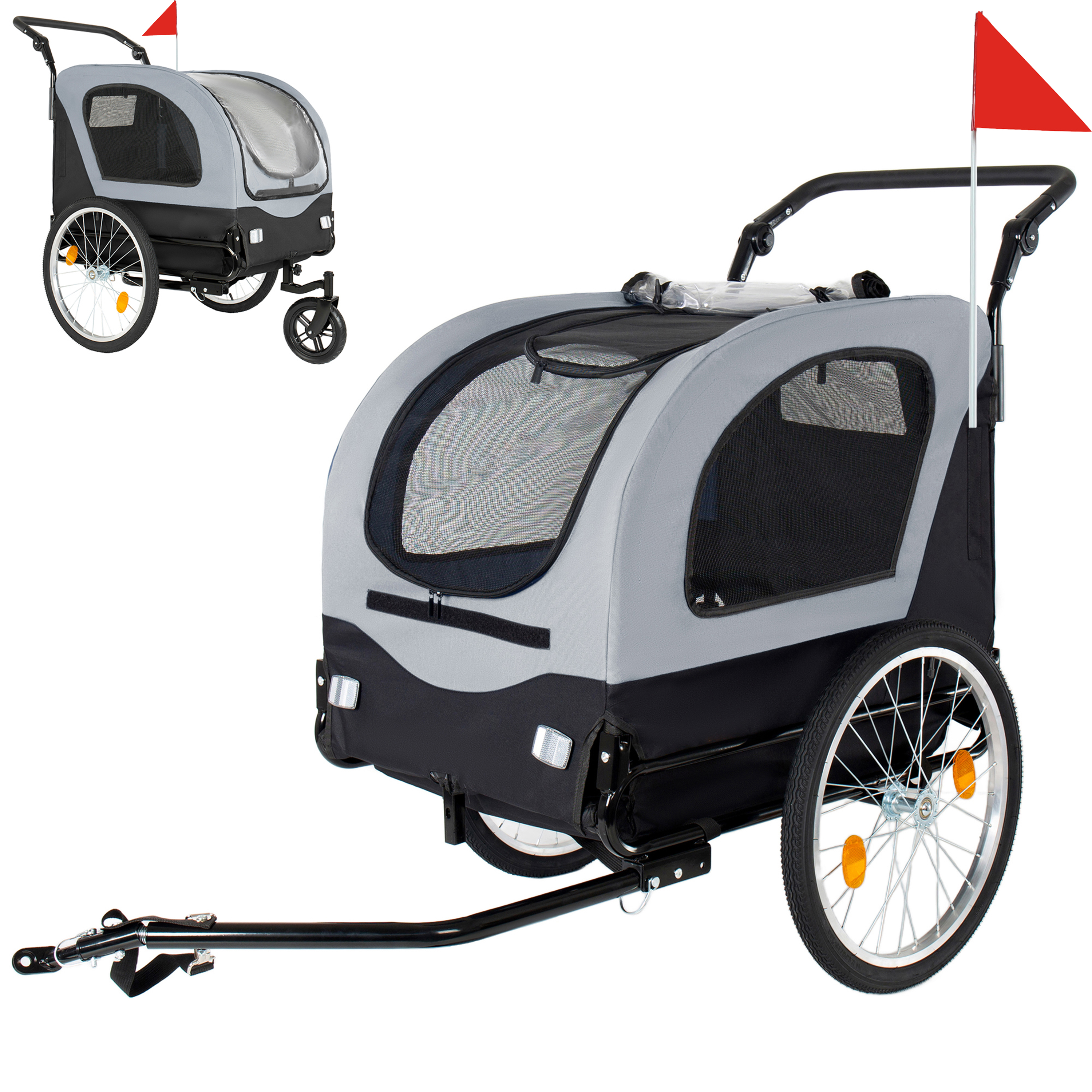 2-in-1 Bike Trailer & Pet Stroller For Dogs Up To 110lbs-Foldable Pet Carrier Cart With Front Caster & 20 Quick Release Air-Filled Wheels, Breathable Mesh And PVC Rain Cover, Gray