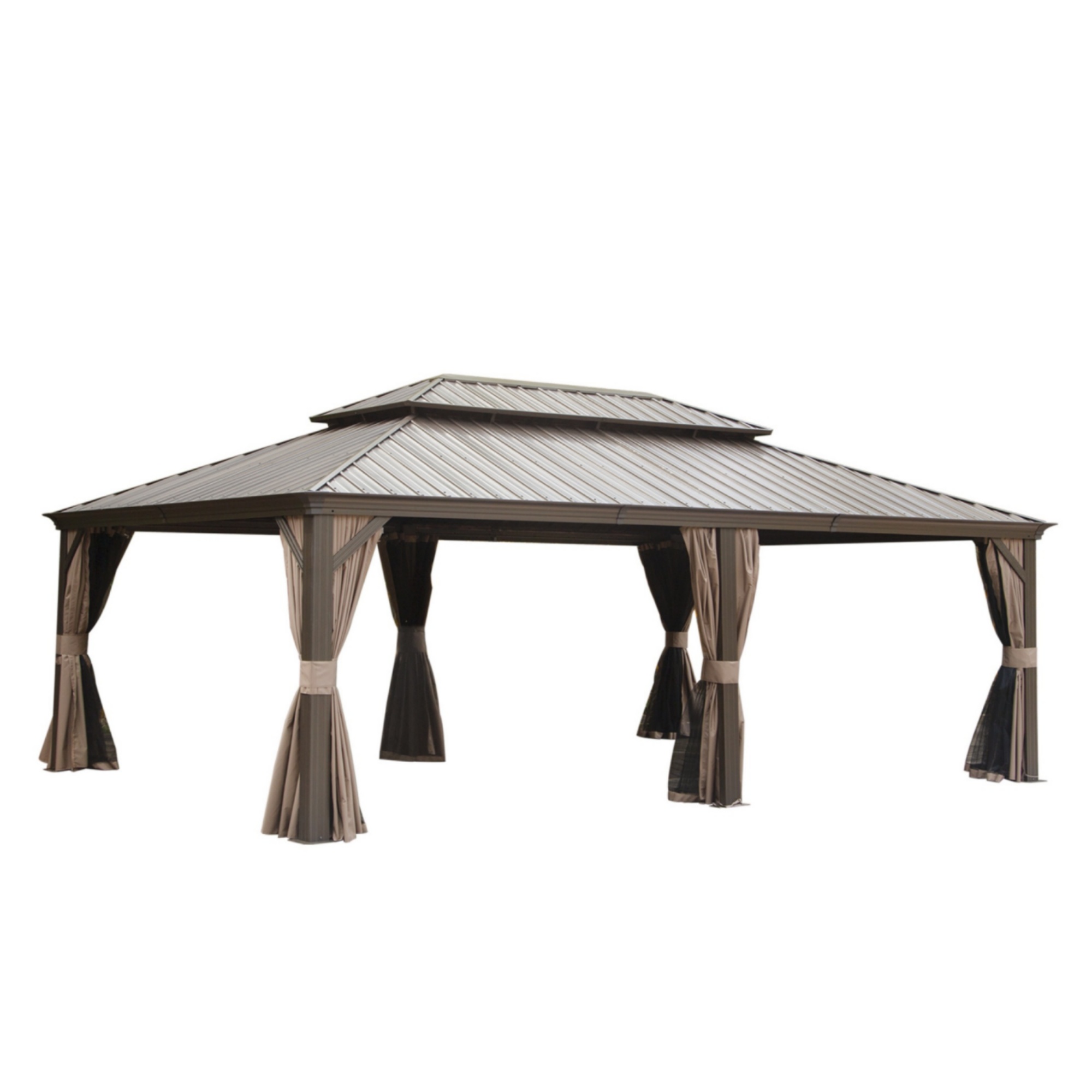 14x24FT Hardtop Gazebo, Outdoor Gazebo With Galvanized Steel Double Roof, Aluminum Frame, Built-in Gutter System, Curtain And Netting, Metal Gazebo Pavilion For Patio Deck Garden, Brown