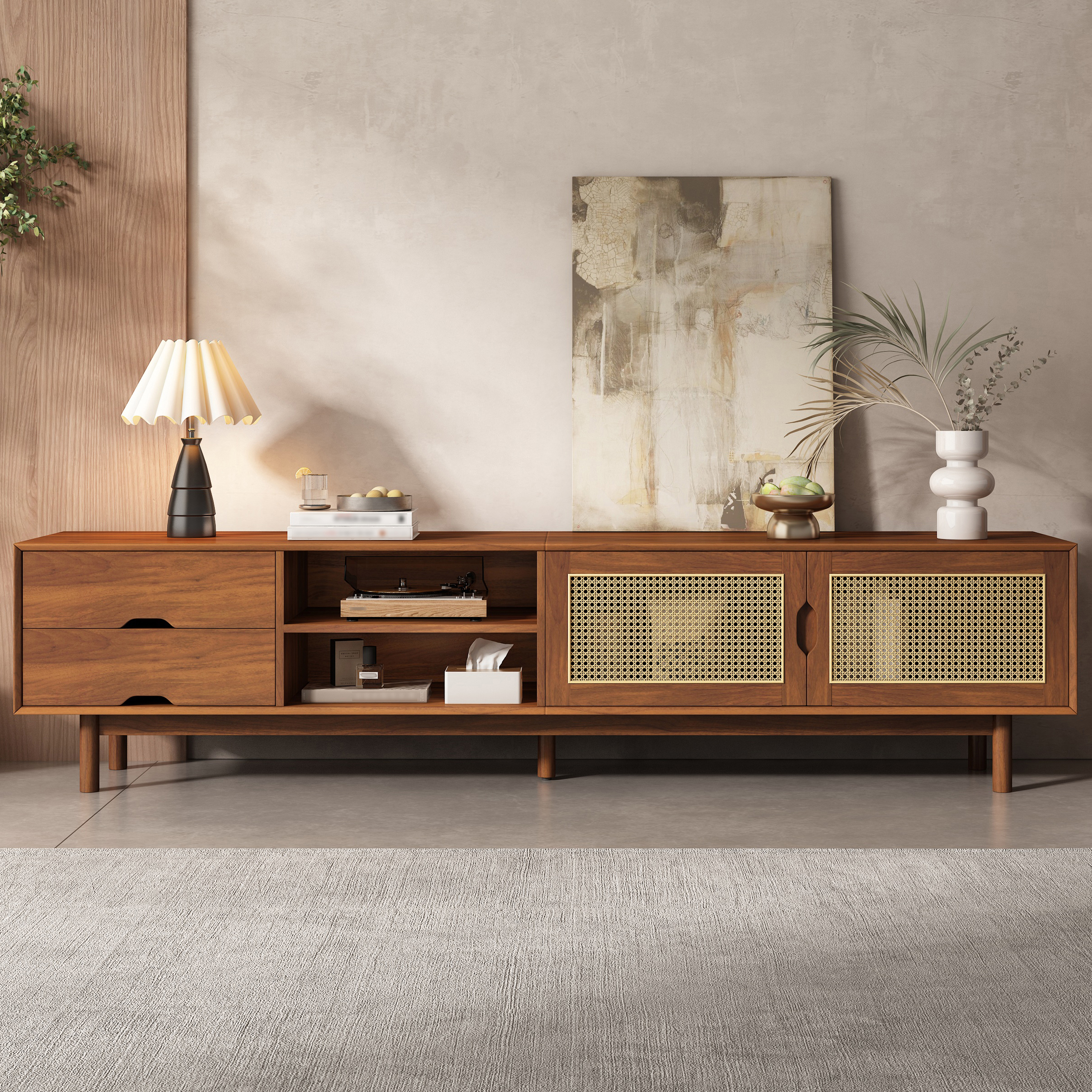 78 Inch TV Stand For TVs Up To 85 Inch, Media Console With 2 Drawers, Solid Wood Legs, Rattan Front Panels, For Living Room, Modern Entertainment Center
