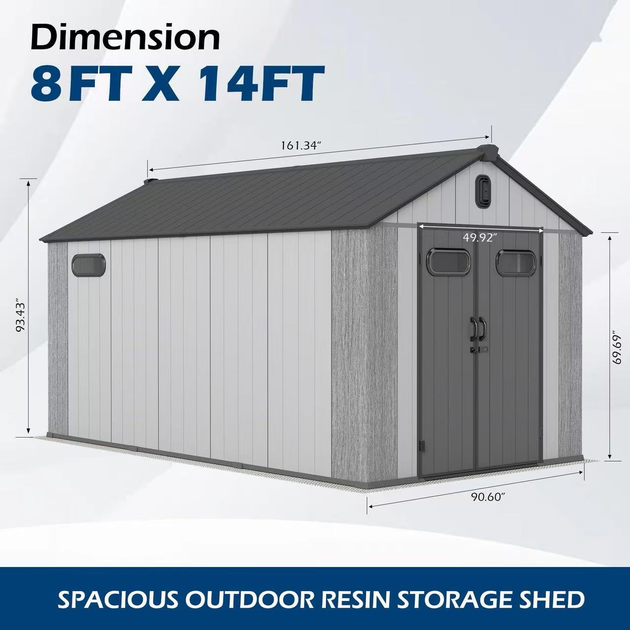 8x14Ft Resin Outdoor Storage Shed, Plastic Garden Shed With Carpet, Outside Weatherproof Storage Building For Tools, Bike, Lawn Mower, Patio,