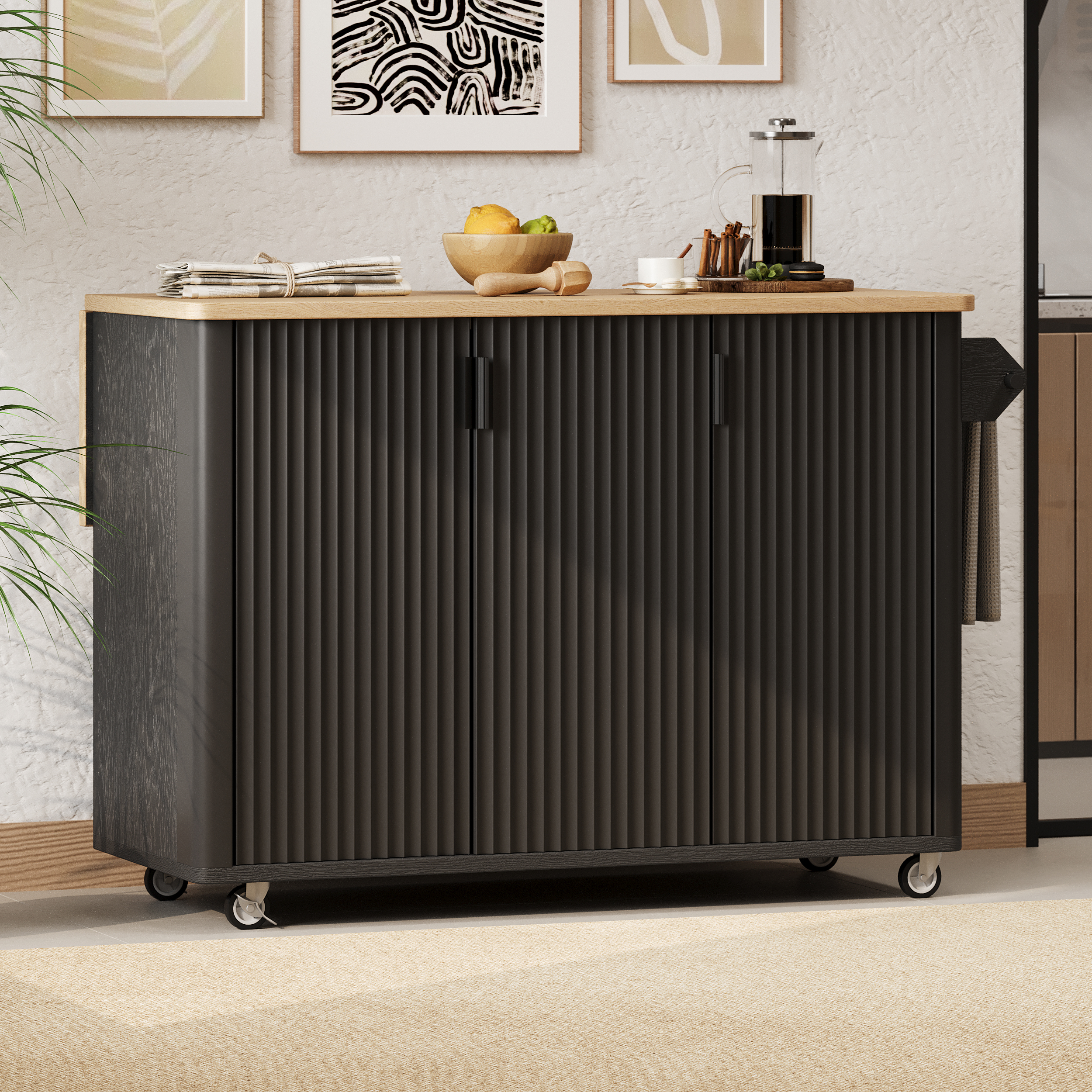 K&K 51 Fluted Kitchen Island With Drop Leaf, Farmhouse Accent Kitchen Island On Wheels With Internal Storage Rack, Rolling Kitchen Cart With Towel Rack For Kitchen, Dining Room, Black Ash