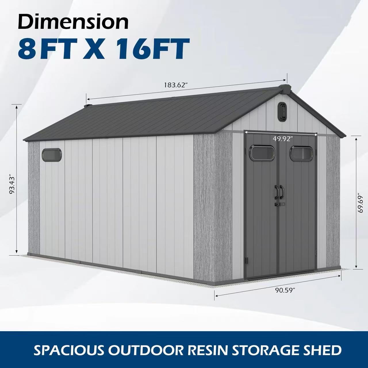 8x16Ft Resin Outdoor Storage Shed, Plastic Garden Shed With Carpet, Outside Weatherproof Storage Building For Tools, Bike, Lawn Mower, Patio