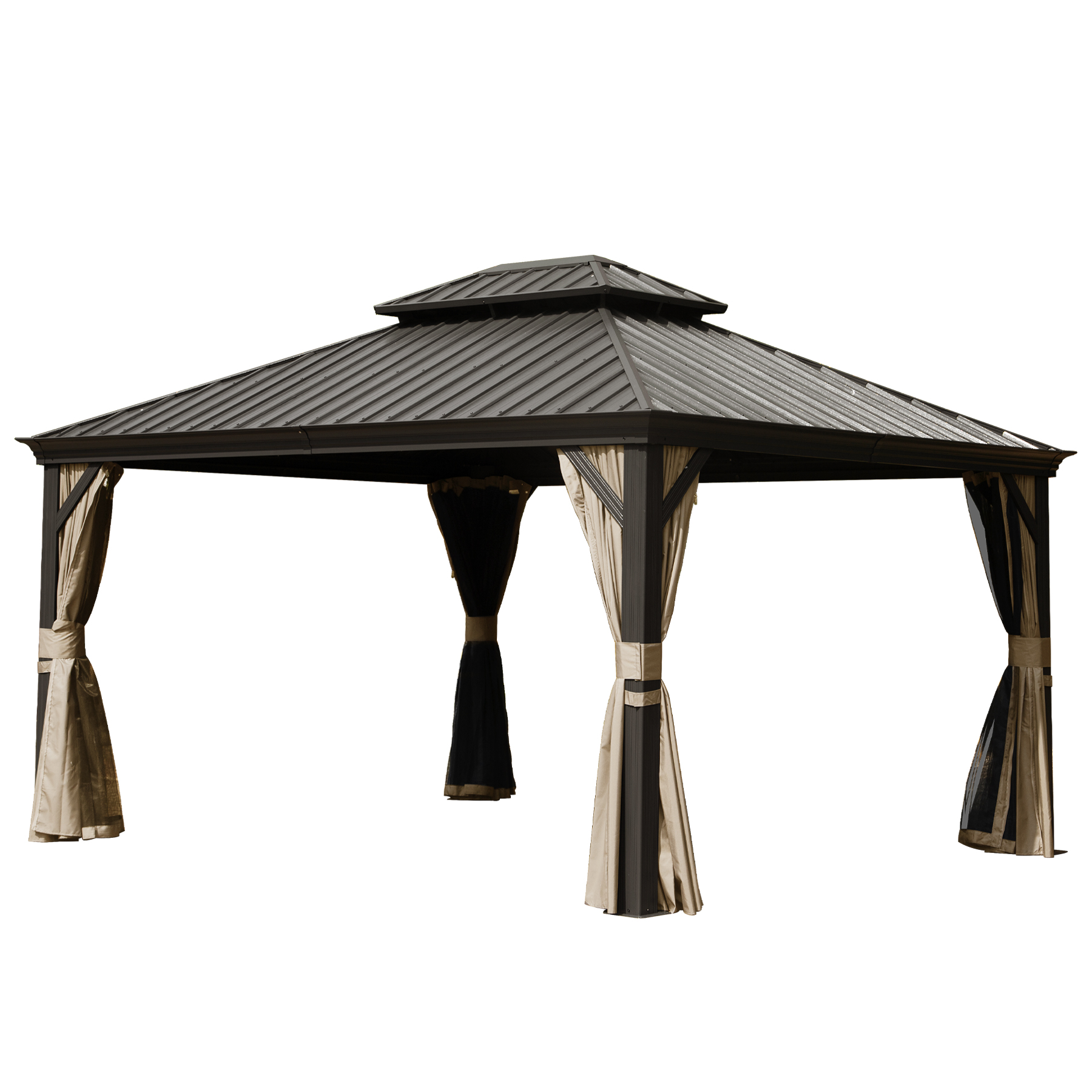 10 X 14 Hardtop Gazebo Permanent Outdoor Gazebo With Galvanized Steel Double Roof, Aluminum Frame, Curtains And Netting For Patio Lawn And Garden, Brown