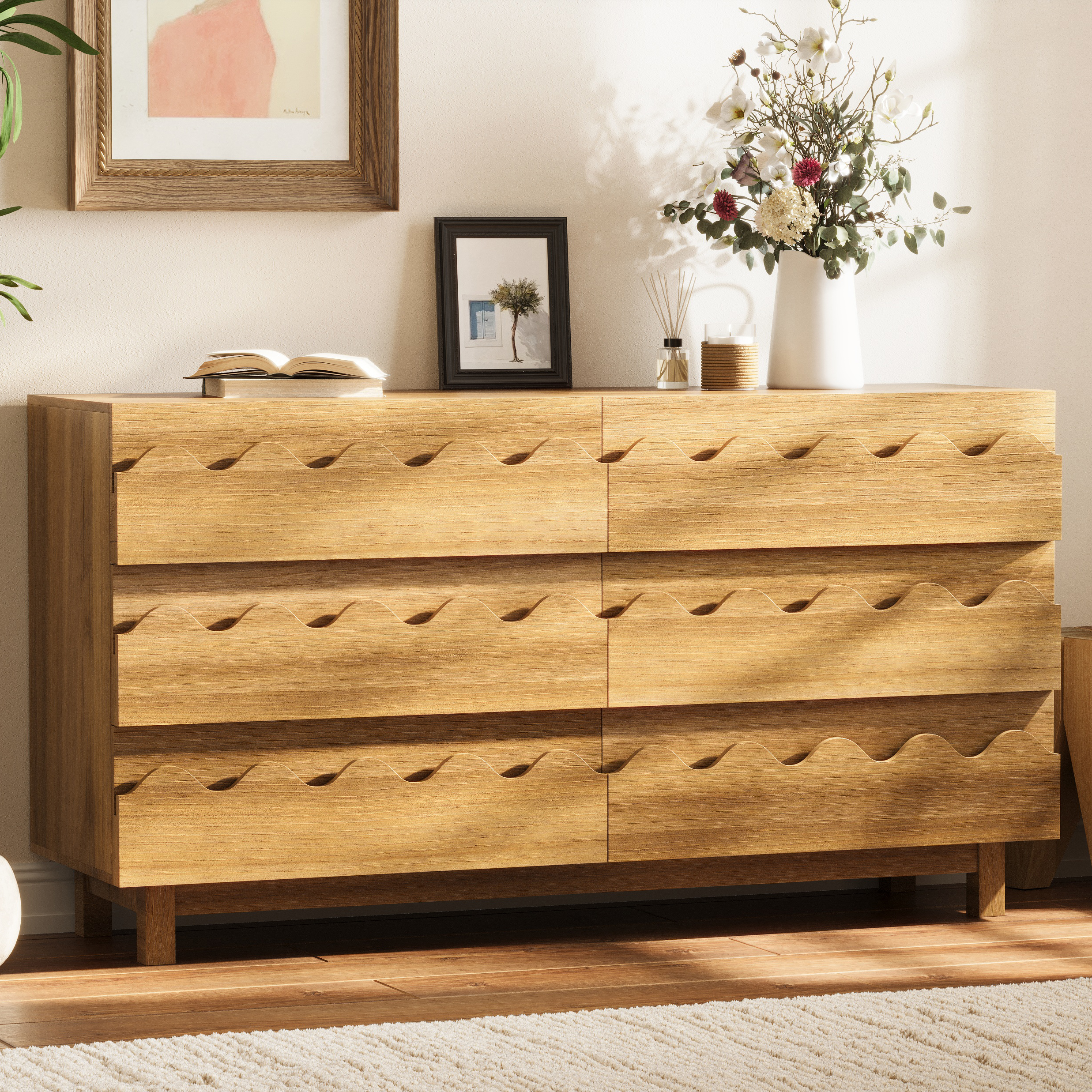 60 Length 6 Drawer Dresser With Wave Front Design, Modern TV Stand & Chest Of Drawers, Anti-Tip Clothes Storage Organizer For Bedroom, Living Room And Nursery, Natural Oak
